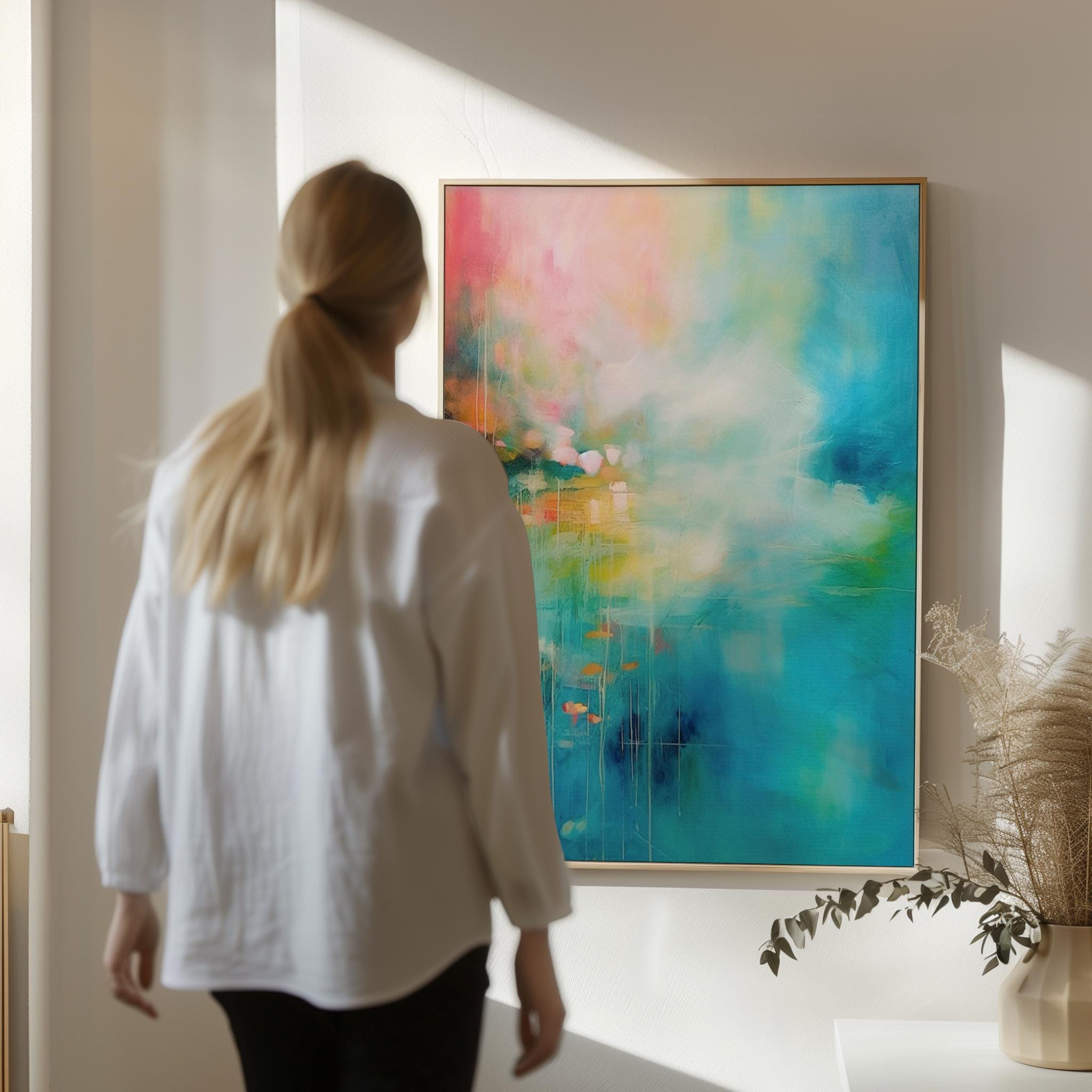 Bold Abstract Canvas Wall Art • Turquoise Pink Yellow • Color Pop and Eclectic Boho • Framed Large Wall Decor for Living Room • MUSE 054