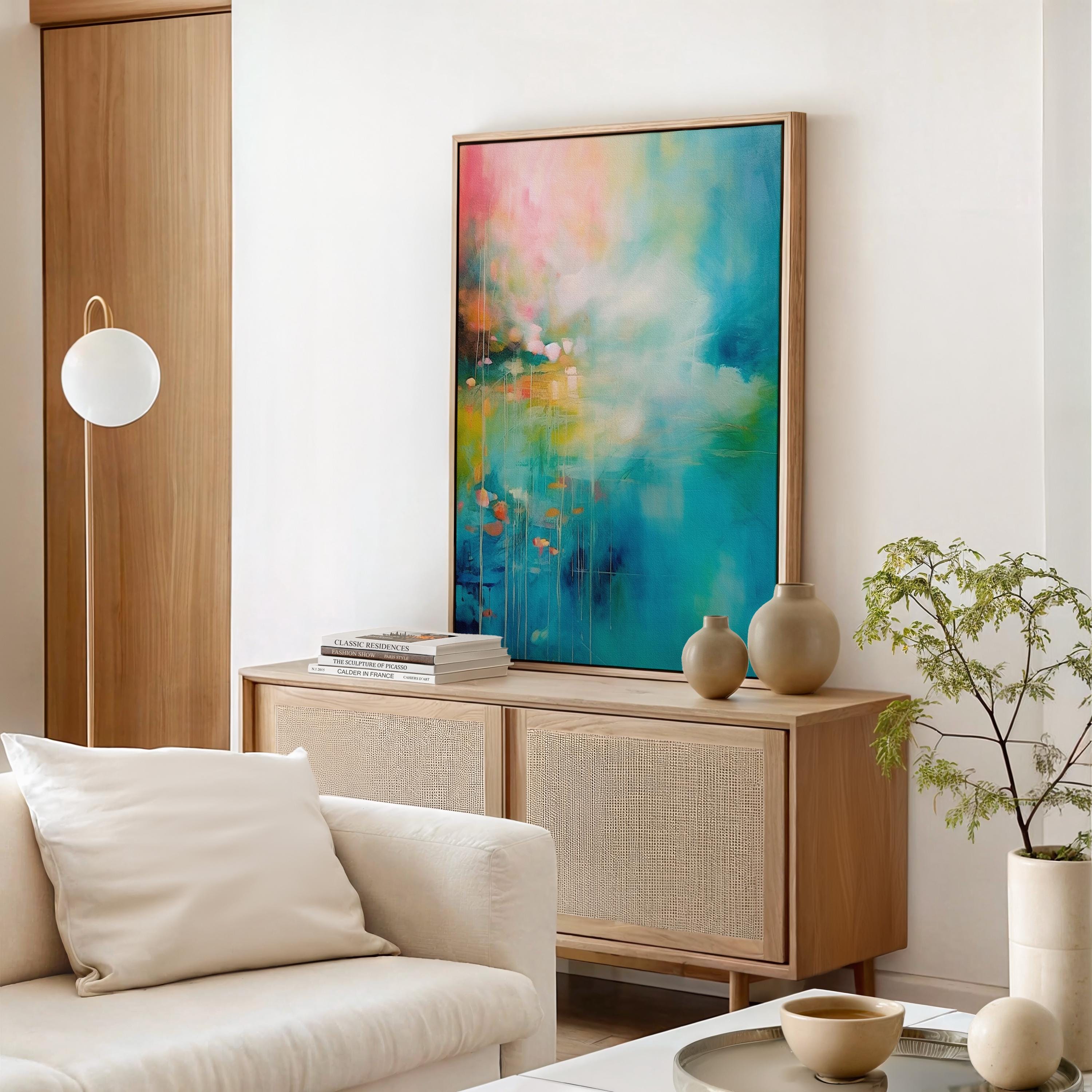 Bold Abstract Canvas Wall Art • Turquoise Pink Yellow • Color Pop and Eclectic Boho • Framed Large Wall Decor for Living Room • MUSE 054