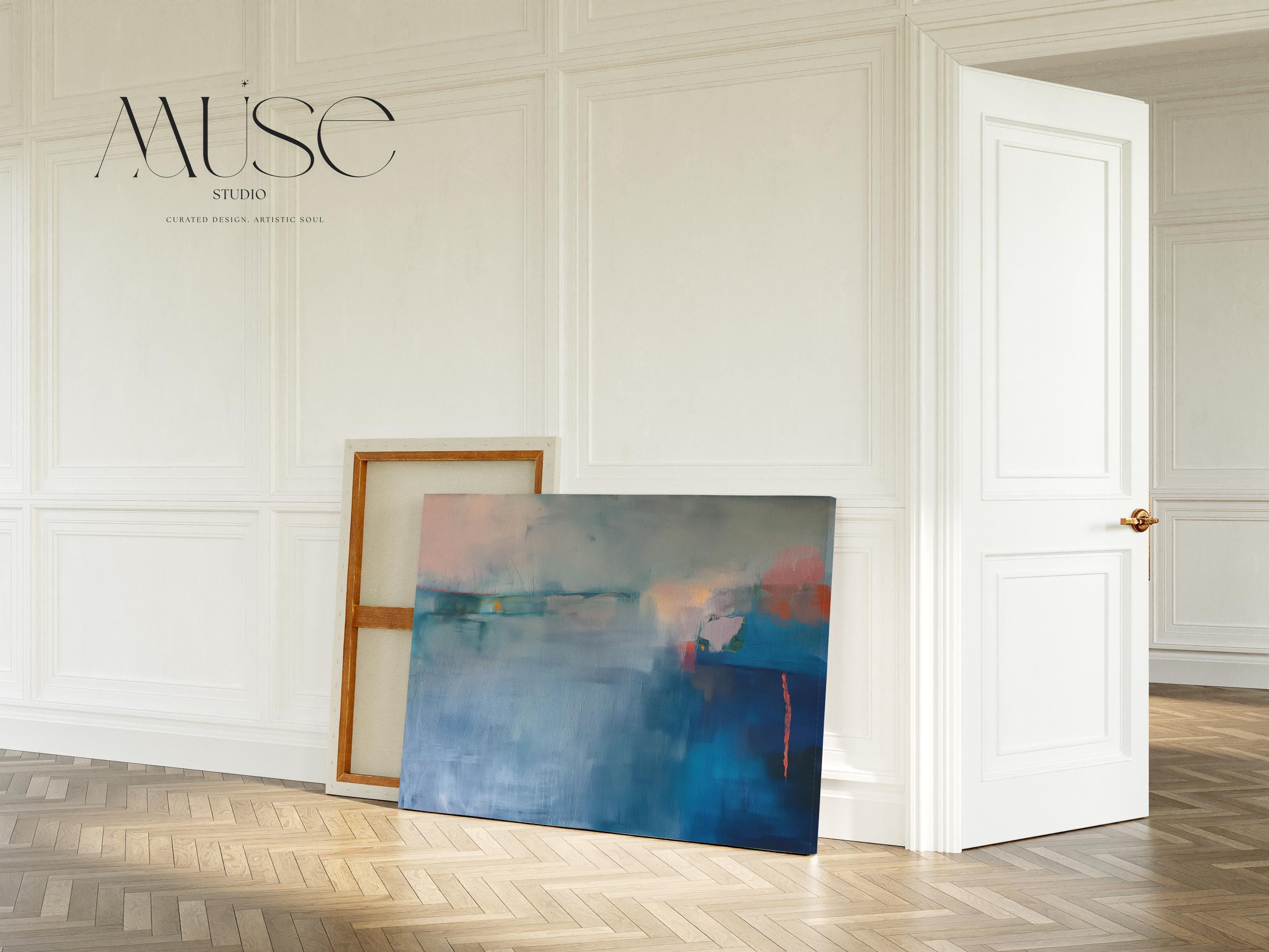 Large Horizontal Blue Canvas Wall Art, Abstract Coastal Painting in Navy and Mist, Framed Art for Living Room or Bedroom Decor 265 Stretched Canvas Art Large abstract wall decor on stretched canvas, gallery-wrapped and ready to hang. Perfect for colorful wall art in living rooms, office spaces, and design projects. Giclée canvas print with bold brushwork and vibrant modern style for impactful home decor. Muse Studio Decor Art.