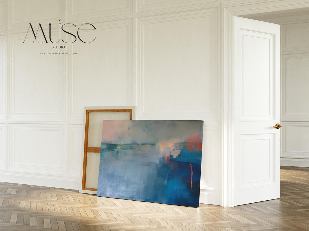 Large Horizontal Blue Canvas Wall Art, Abstract Coastal Painting in Navy and Mist, Framed Art for Living Room or Bedroom Decor 265 Stretched Canvas Art Large abstract wall decor on stretched canvas, gallery-wrapped and ready to hang. Perfect for colorful wall art in living rooms, office spaces, and design projects. Giclée canvas print with bold brushwork and vibrant modern style for impactful home decor. Muse Studio Decor Art.