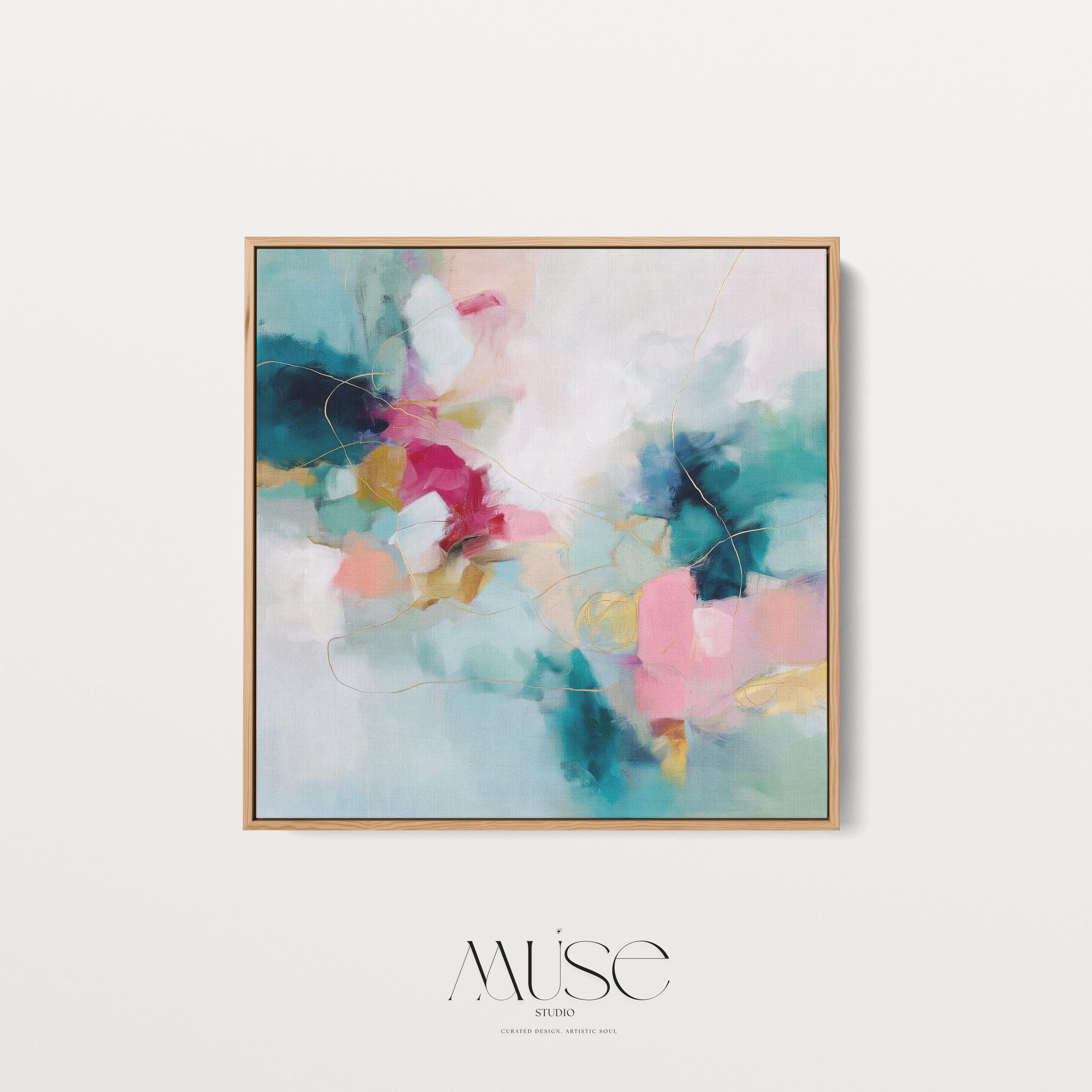 Pink and Teal Abstract Canvas Wall Art, Square Floating Framed Art, XL Dreamy Bedroom Decor, Color Pop Maximalist Painting, MUSE 496