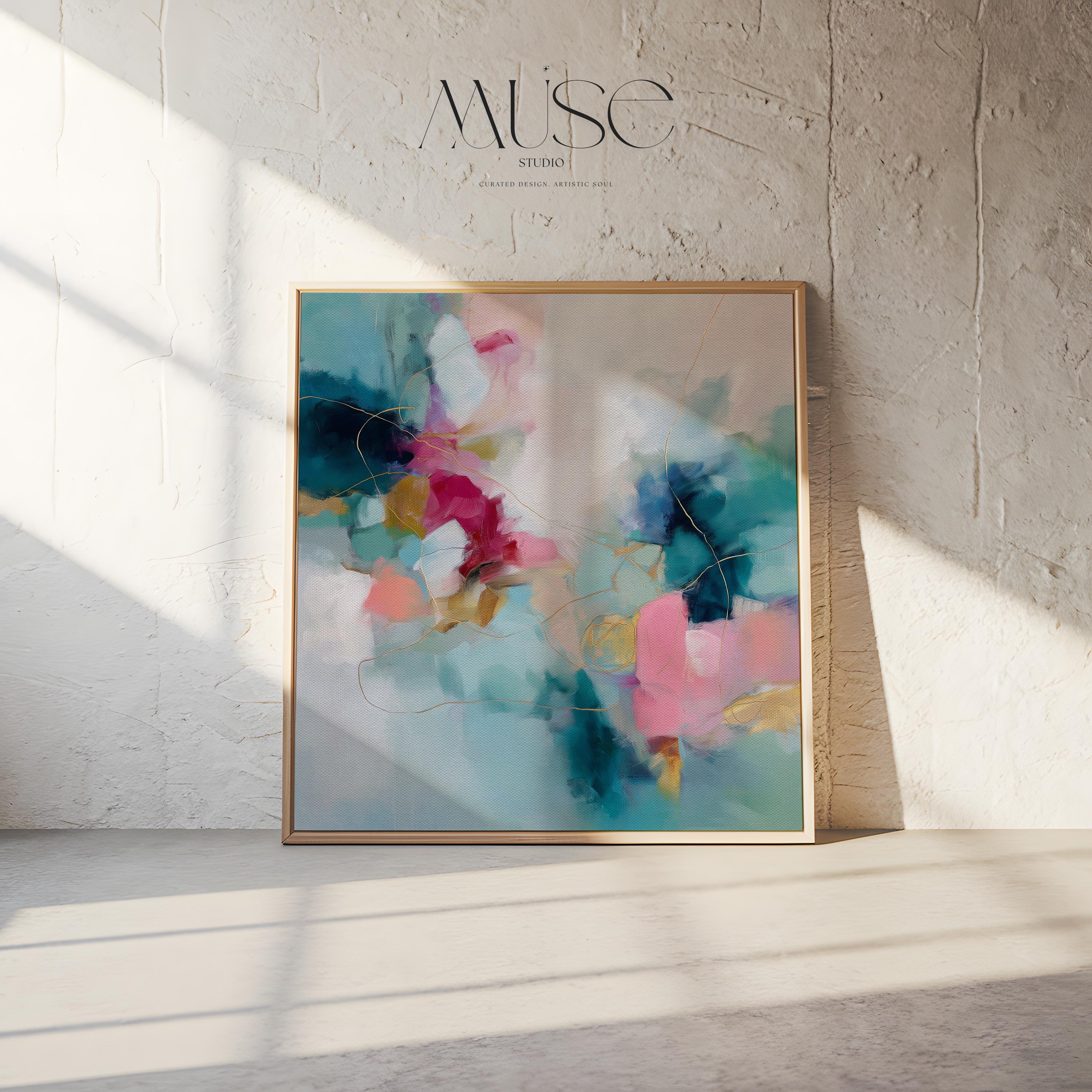 Pink and Teal Abstract Canvas Wall Art, Square Floating Framed Art, XL Dreamy Bedroom Decor, Color Pop Maximalist Painting, MUSE 496