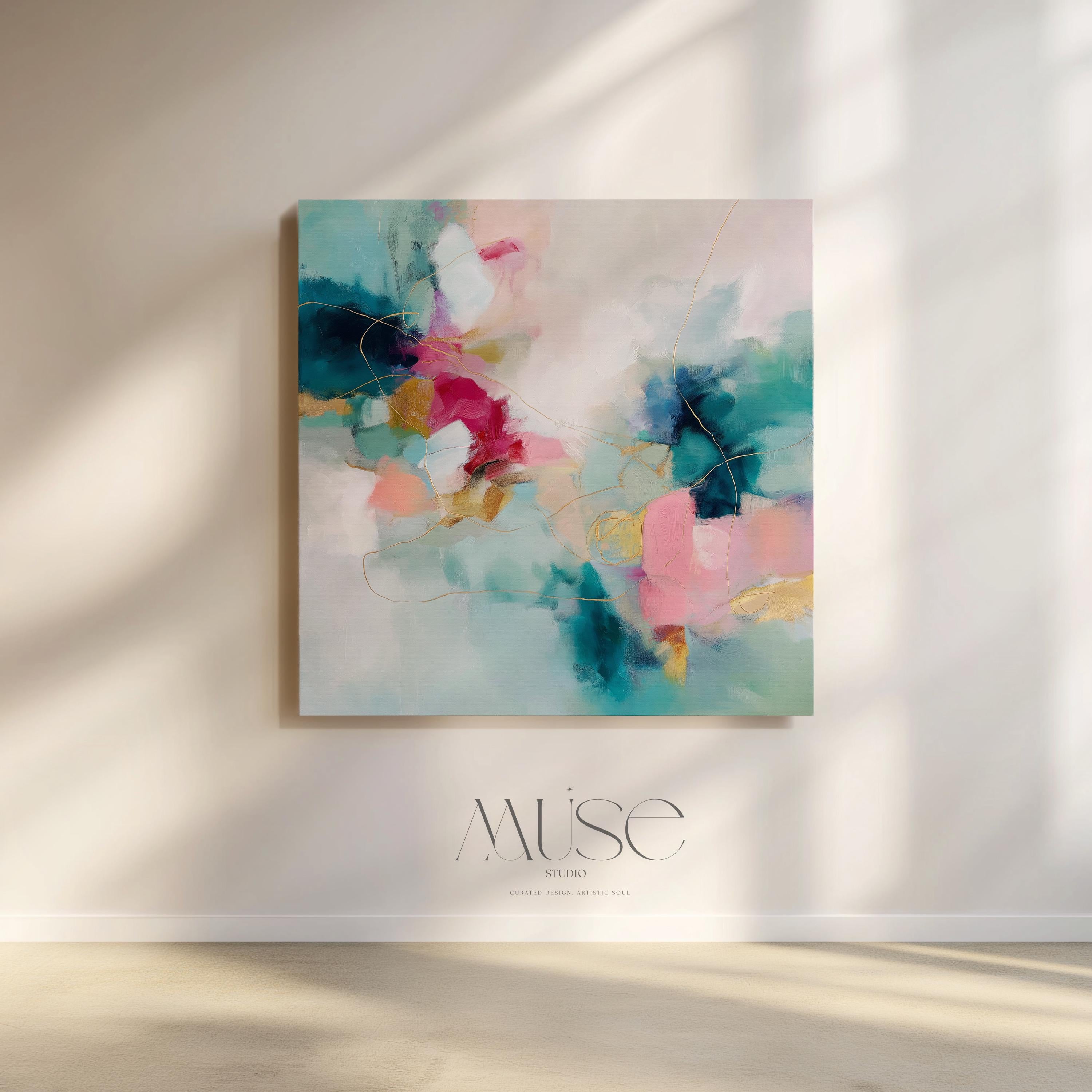 Pink and Teal Canvas Wall Art, Square Decor Art, Color Pop Abstract Painting, Oversized Dreamy Bedroom Decor, Maximalist Painting, MUSE 496
