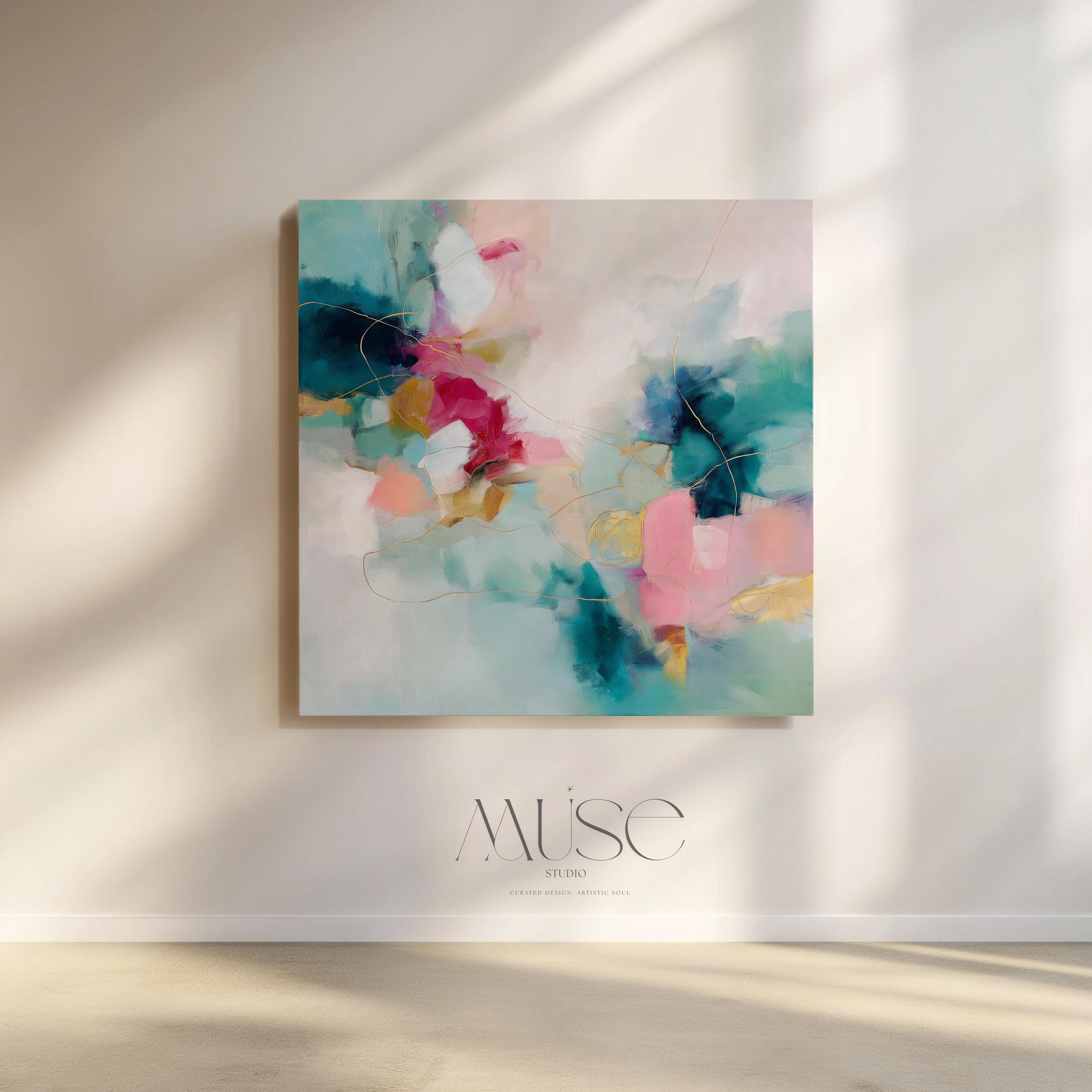 Muse Studio square abstract wall art in pink, teal, fuchsia, and sunlit gold, created with museum-grade giclée inks on premium gallery-wrapped artist canvas or fine art poster, styled for Color Pop Eclectic bedrooms, living rooms, or curated entryways.