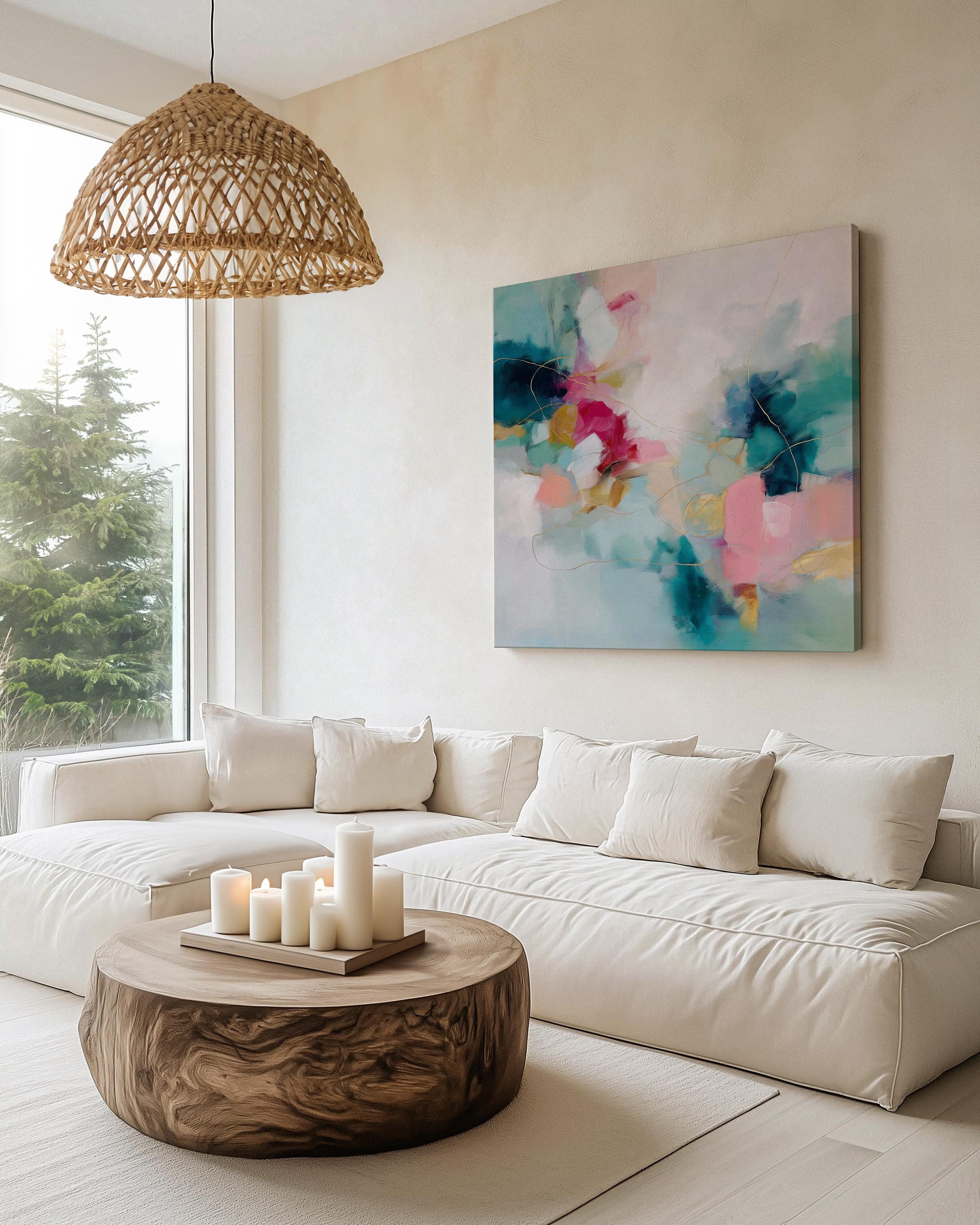Muse Studio square abstract wall art in pink, teal, fuchsia, and sunlit gold, created with museum-grade giclée inks on premium gallery-wrapped artist canvas or fine art poster, styled for Color Pop Eclectic bedrooms, living rooms, or curated entryways.