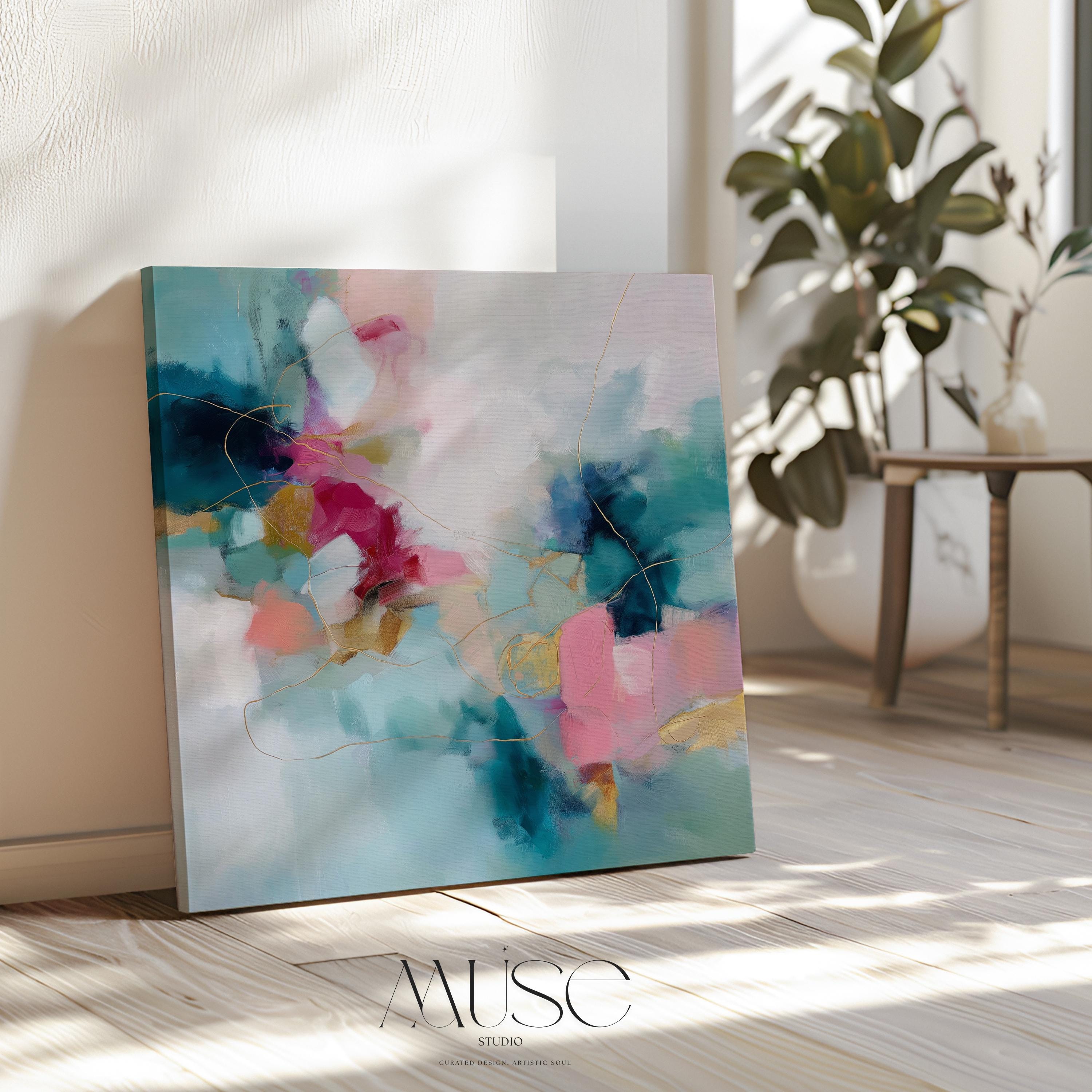 Muse Studio square abstract wall art in pink, teal, fuchsia, and sunlit gold, created with museum-grade giclée inks on premium gallery-wrapped artist canvas or fine art poster, styled for Color Pop Eclectic bedrooms, living rooms, or curated entryways.