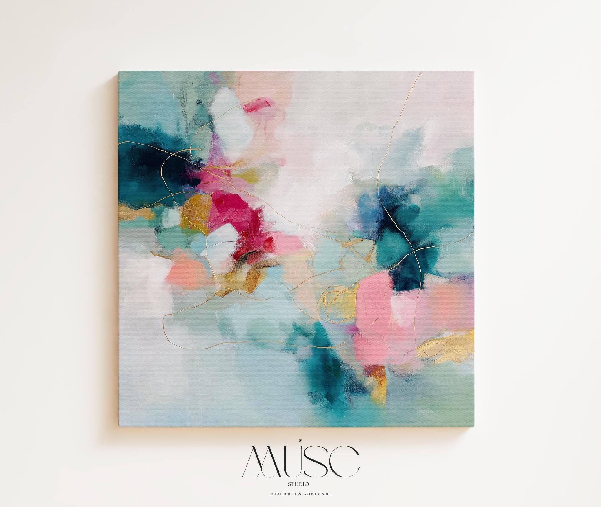 Muse Studio square abstract wall art in pink, teal, fuchsia, and sunlit gold, created with museum-grade giclée inks on premium gallery-wrapped artist canvas or fine art poster, styled for Color Pop Eclectic bedrooms, living rooms, or curated entryways.