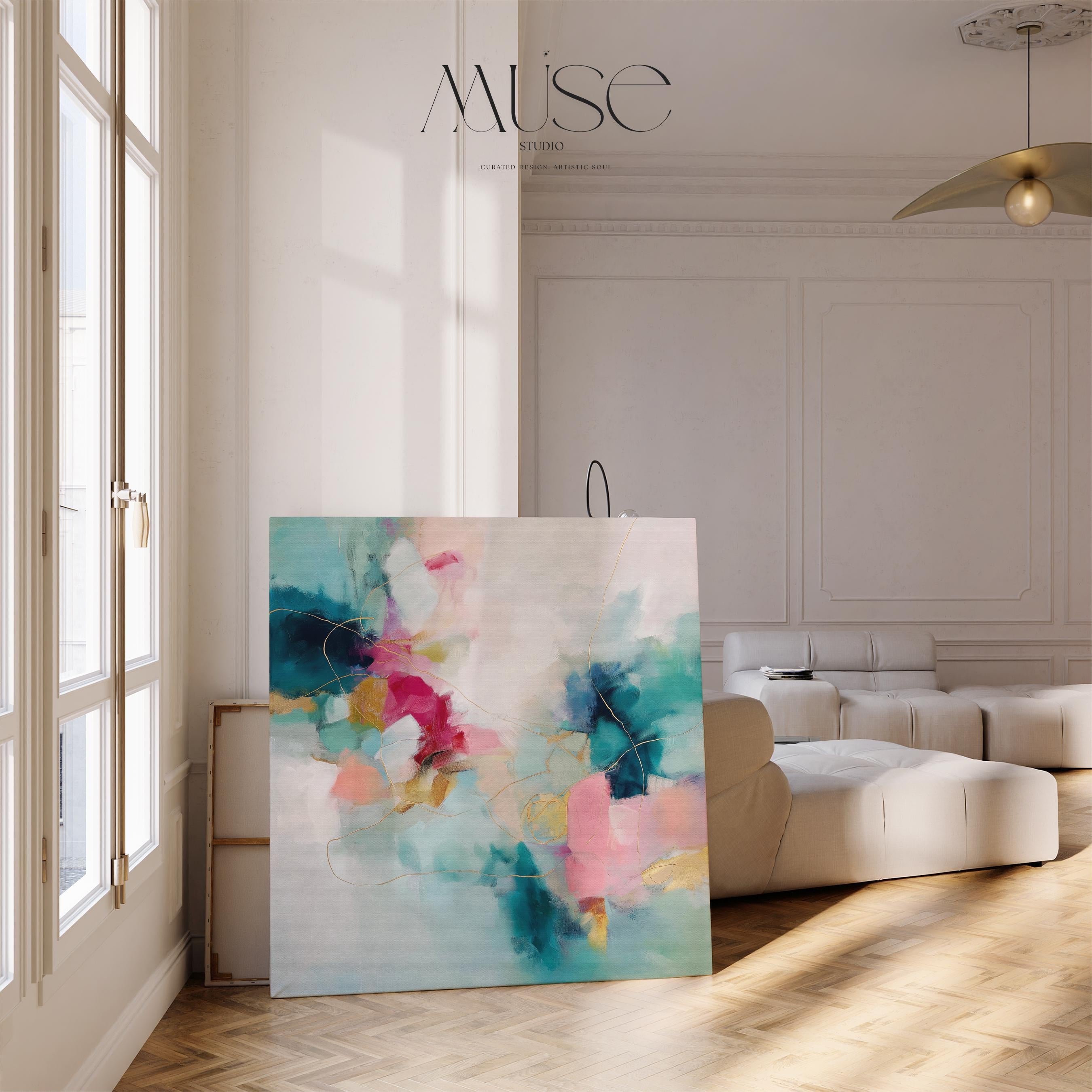 Pink and Teal Canvas Wall Art, Square Decor Art, Color Pop Abstract Painting, Oversized Dreamy Bedroom Decor, Maximalist Painting, MUSE 496