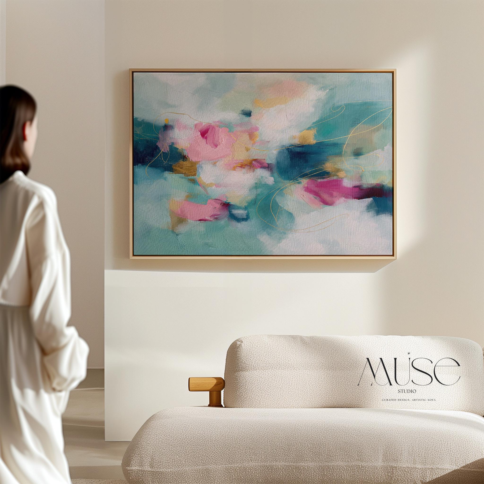 Pink and Teal Canvas Wall Art, Horizontal Floating Framed Art, Large Dreamy Bedroom Decor, Warm Minimalist Statement Painting, MUSE 497