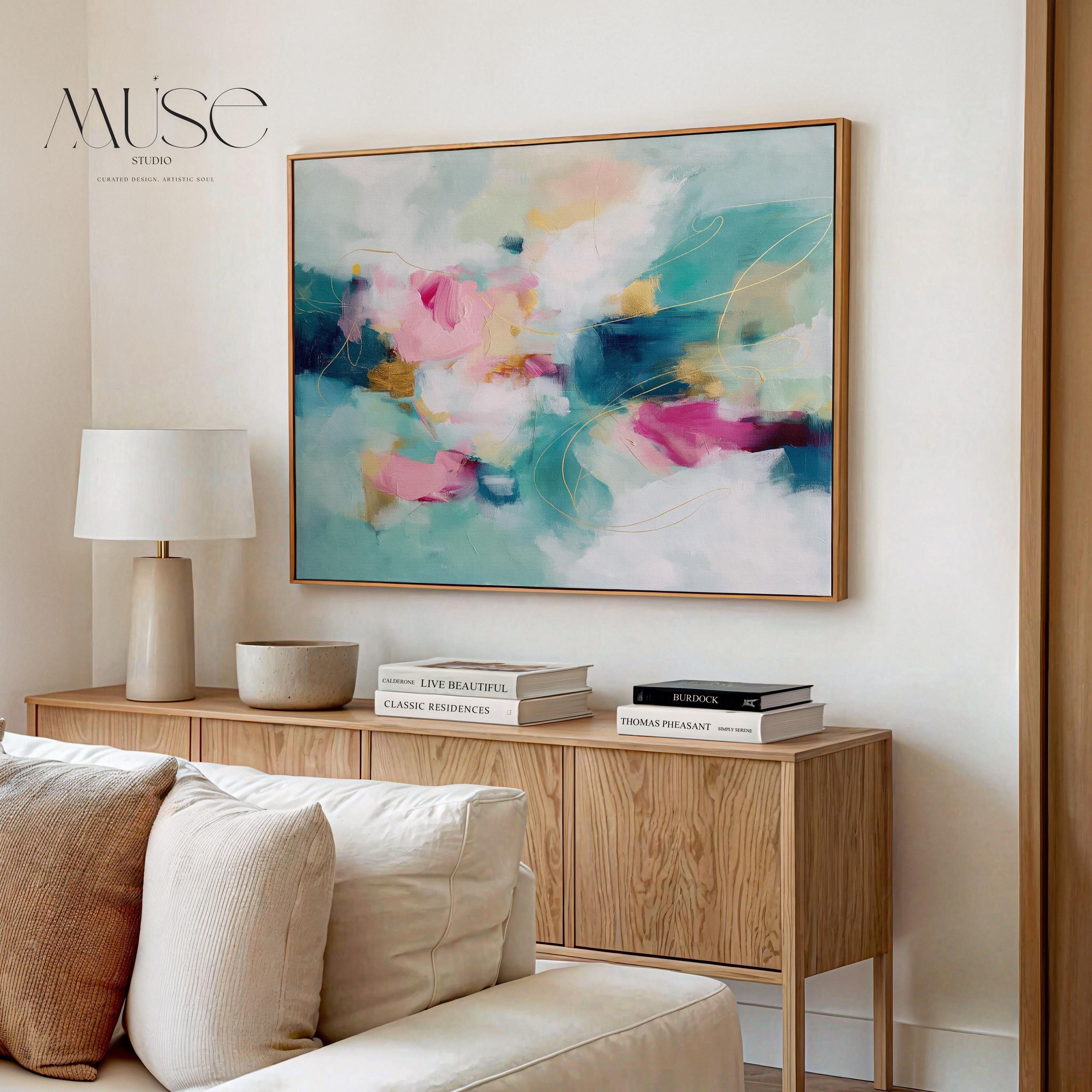 Pink and Teal Canvas Wall Art, Horizontal Floating Framed Art, Large Dreamy Bedroom Decor, Warm Minimalist Statement Painting, MUSE 497