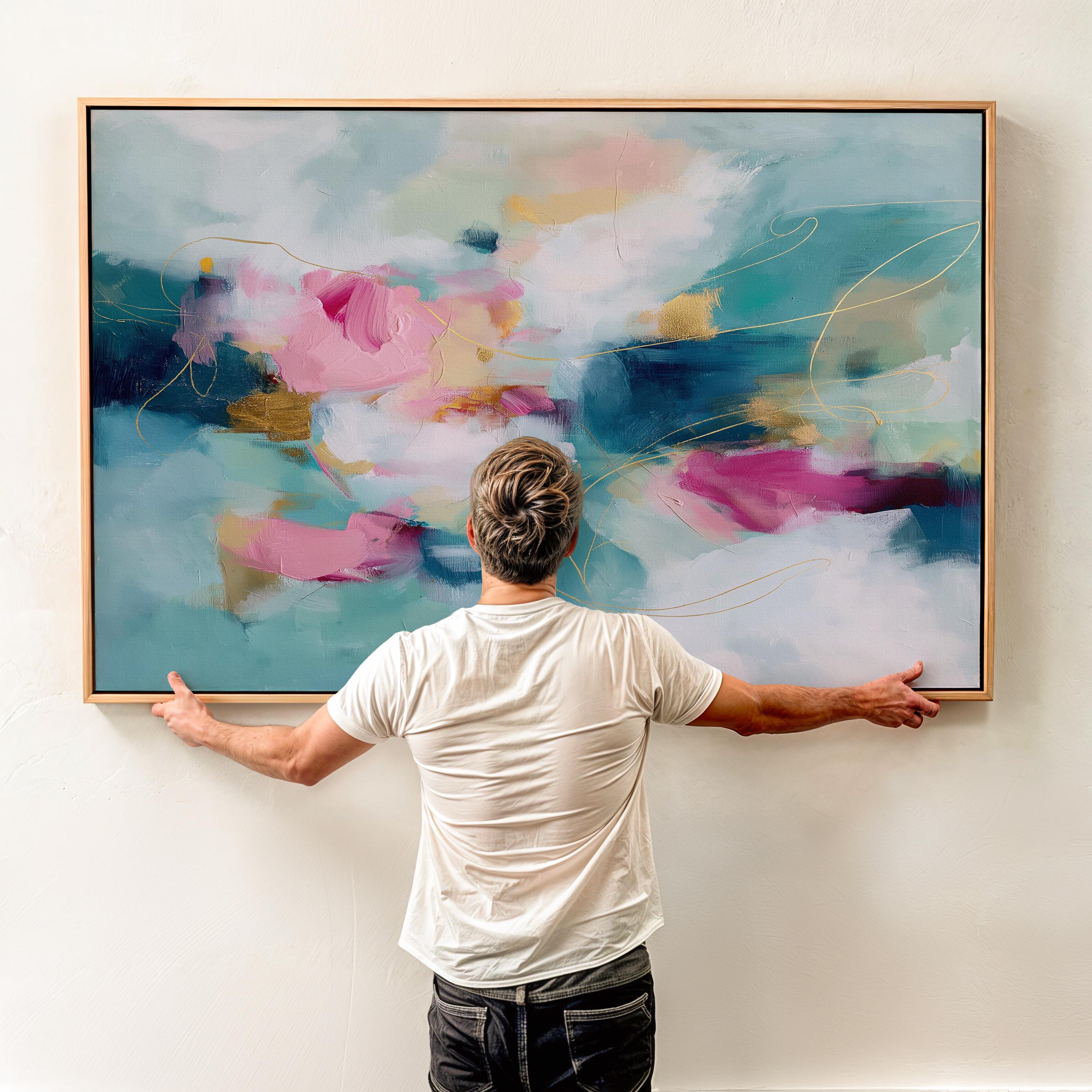 Pink and Teal Canvas Wall Art, Horizontal Floating Framed Art, Large Dreamy Bedroom Decor, Warm Minimalist Statement Painting, MUSE 497