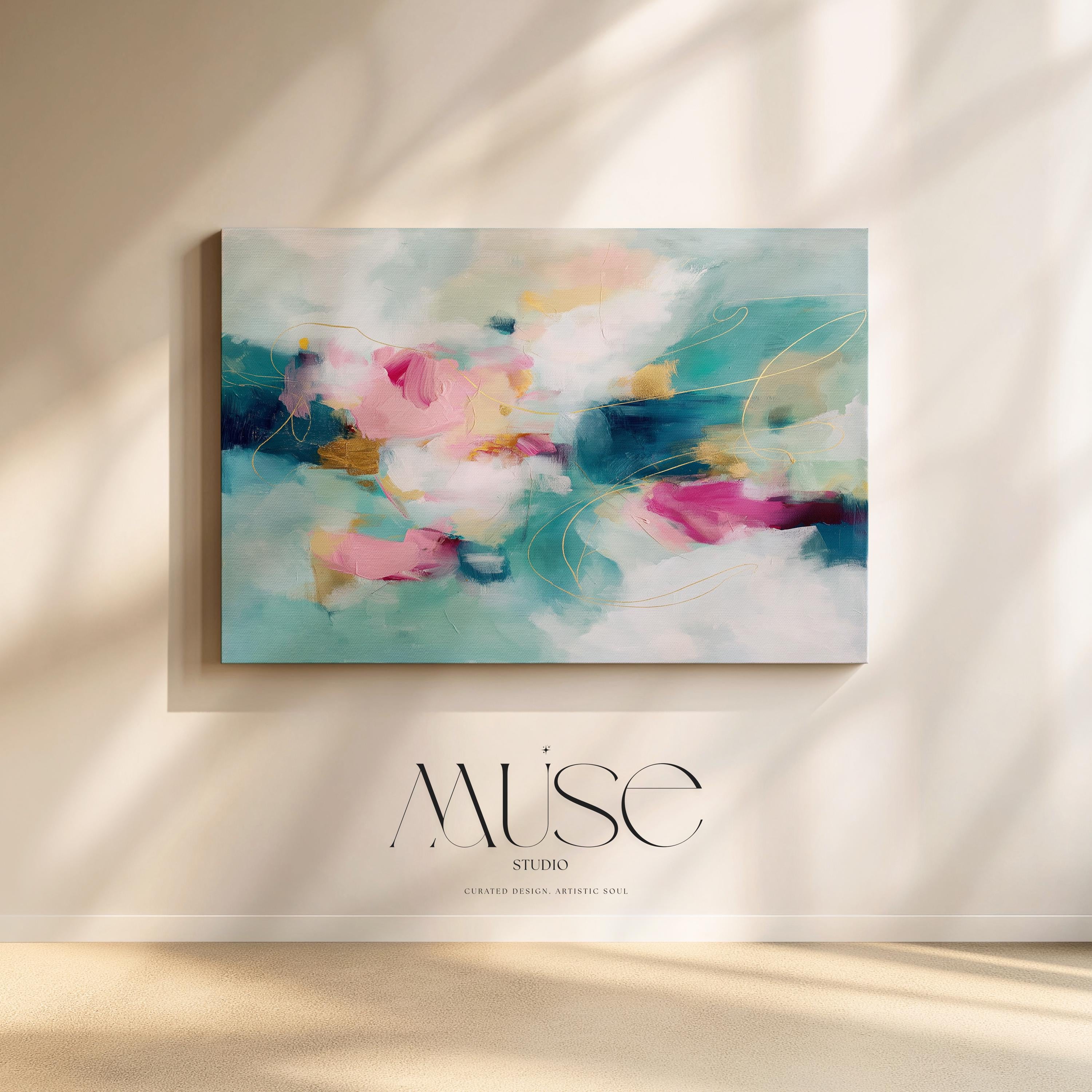 Pink and Teal Canvas Wall Art, Horizontal Abstract Painting, Oversized Dreamy Bedroom Decor, Warm Minimalist Statement Artwork, MUSE 497 Stretched Canvas Art Large abstract wall decor on stretched canvas, gallery-wrapped and ready to hang. Perfect for colorful wall art in living rooms, office spaces, and design projects. Giclée canvas print with bold brushwork and vibrant modern style for impactful home decor. Muse Studio Decor Art.