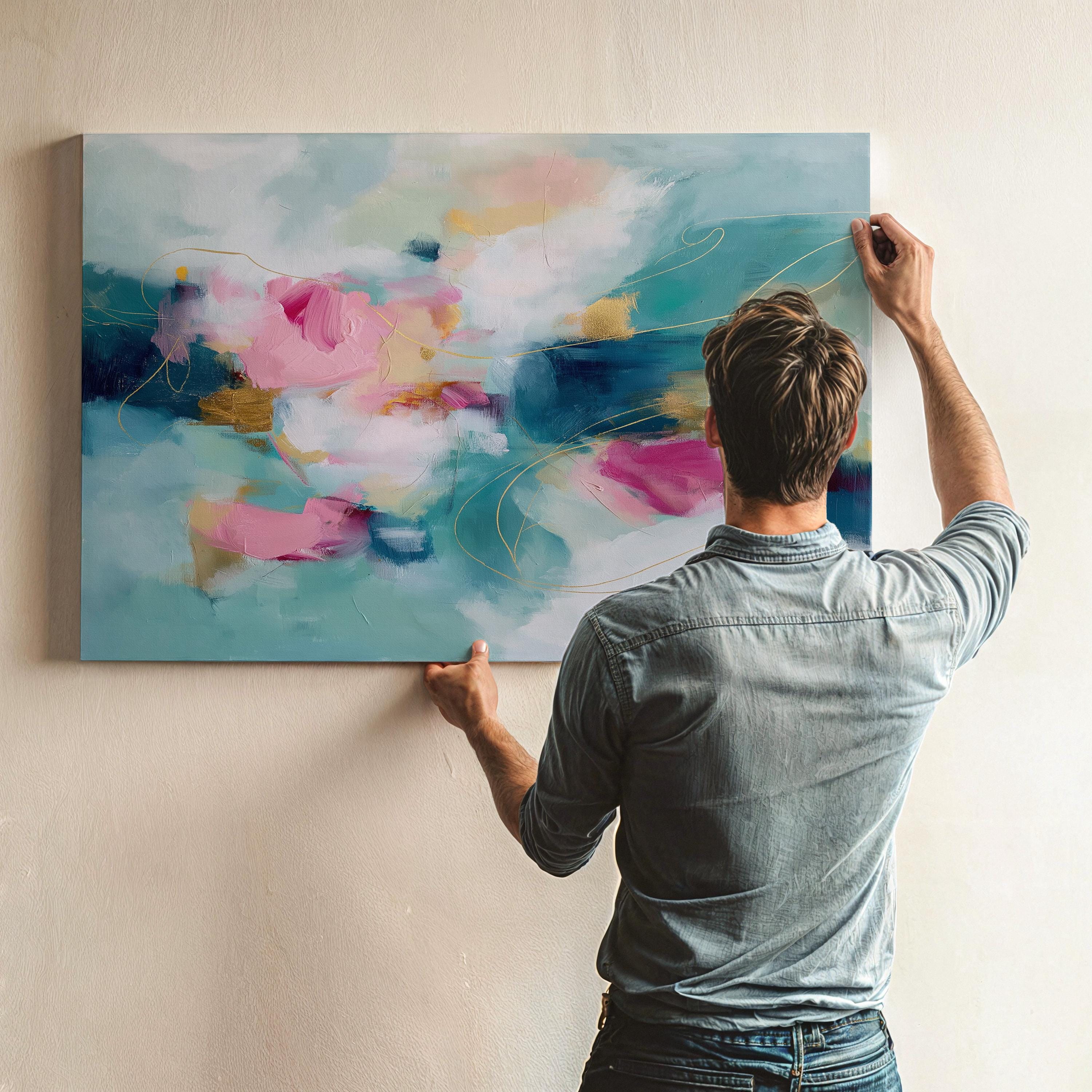 Pink and Teal Canvas Wall Art, Horizontal Abstract Painting, Oversized Dreamy Bedroom Decor, Warm Minimalist Statement Artwork, MUSE 497 Stretched Canvas Art Large abstract wall decor on stretched canvas, gallery-wrapped and ready to hang. Perfect for colorful wall art in living rooms, office spaces, and design projects. Giclée canvas print with bold brushwork and vibrant modern style for impactful home decor. Muse Studio Decor Art.