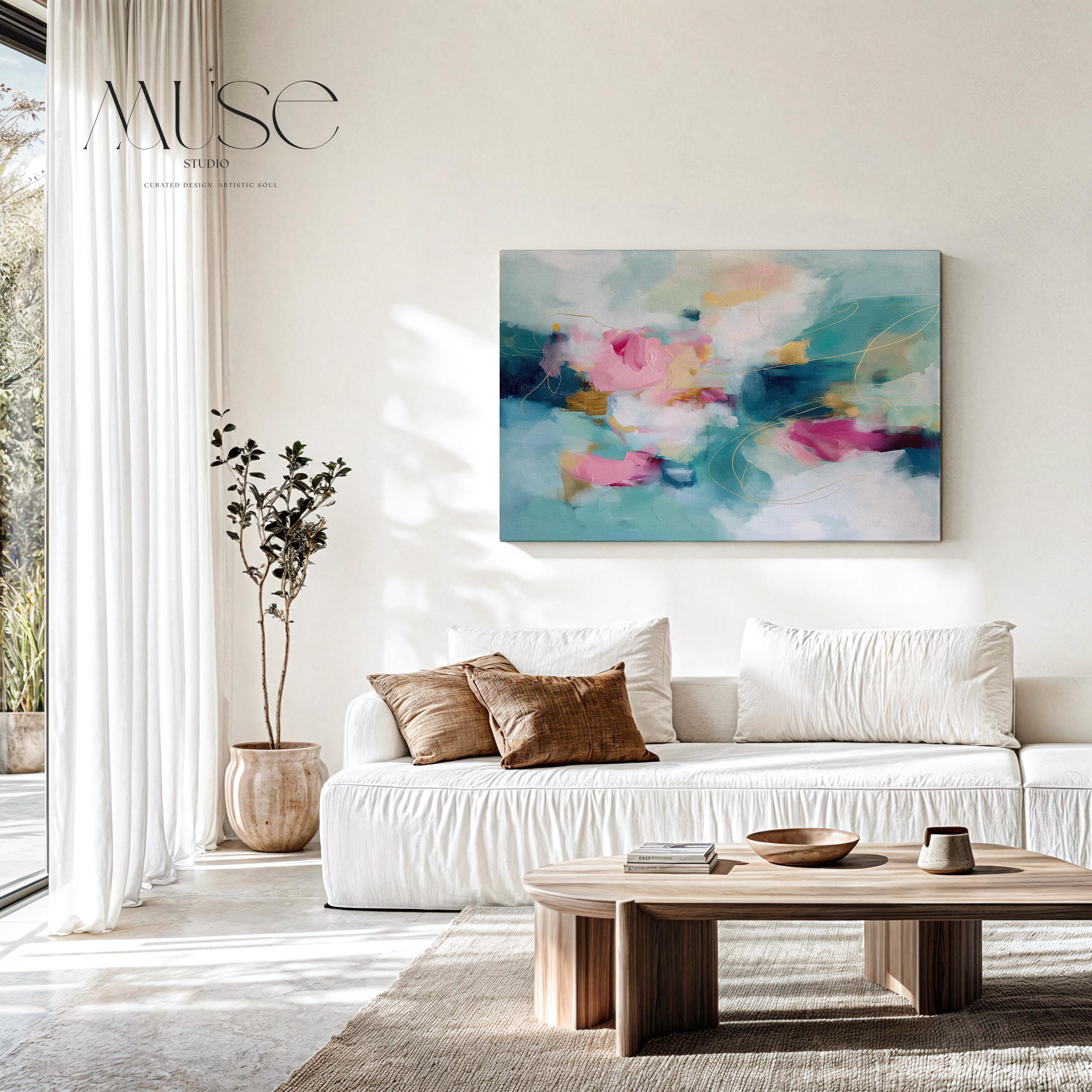 Pink and Teal Canvas Wall Art, Horizontal Abstract Painting, Oversized Dreamy Bedroom Decor, Warm Minimalist Statement Artwork, MUSE 497 Stretched Canvas Art Large abstract wall decor on stretched canvas, gallery-wrapped and ready to hang. Perfect for colorful wall art in living rooms, office spaces, and design projects. Giclée canvas print with bold brushwork and vibrant modern style for impactful home decor. Muse Studio Decor Art.