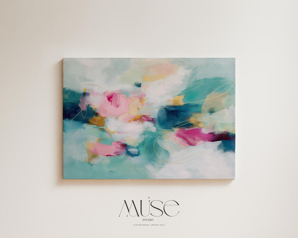 Pink and Teal Canvas Wall Art, Horizontal Abstract Painting, Oversized Dreamy Bedroom Decor, Warm Minimalist Statement Artwork, MUSE 497 Stretched Canvas Art Large abstract wall decor on stretched canvas, gallery-wrapped and ready to hang. Perfect for colorful wall art in living rooms, office spaces, and design projects. Giclée canvas print with bold brushwork and vibrant modern style for impactful home decor. Muse Studio Decor Art.