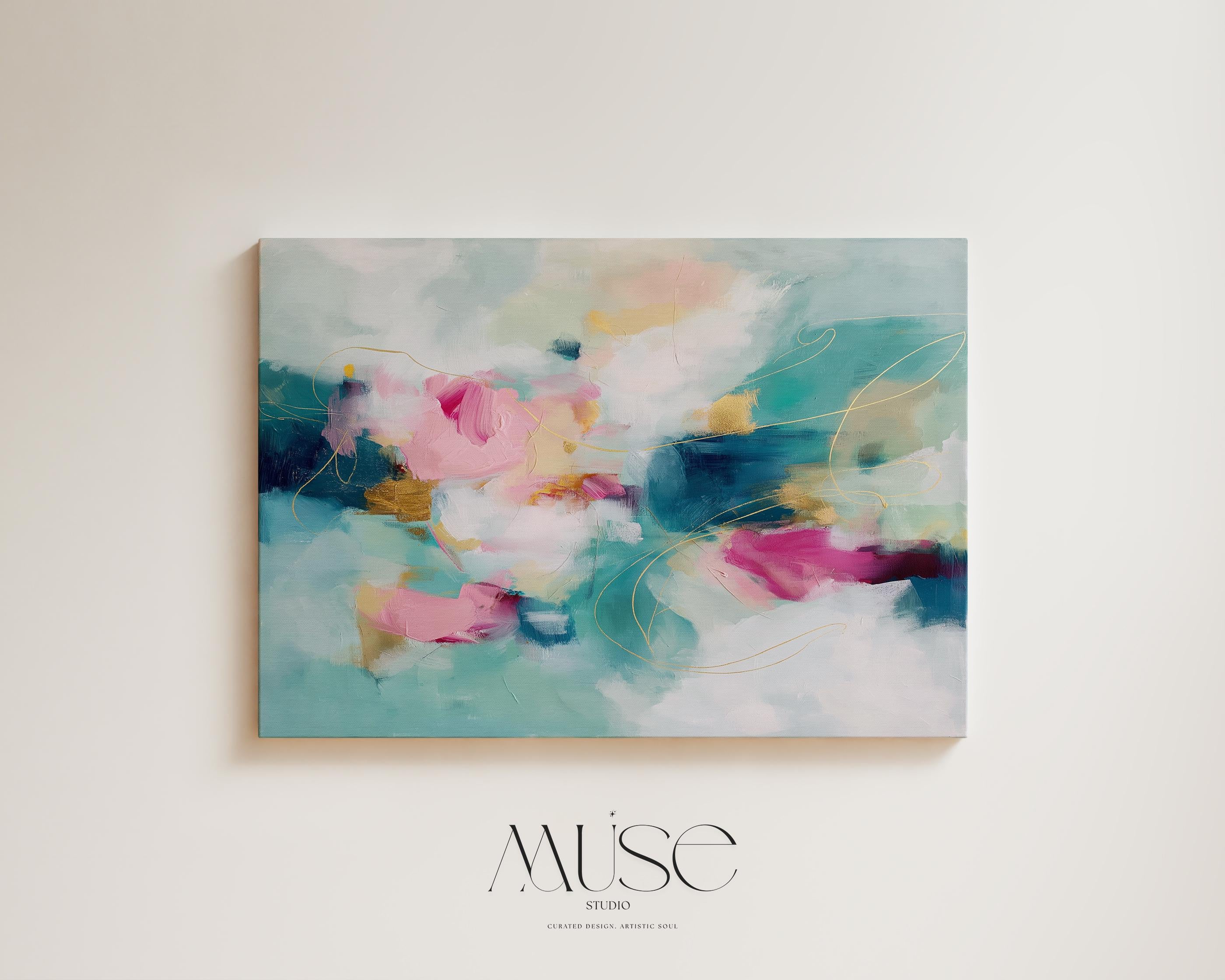Pink and Teal Canvas Wall Art, Horizontal Abstract Painting, Oversized Dreamy Bedroom Decor, Warm Minimalist Statement Artwork, MUSE 497 Stretched Canvas Art Large abstract wall decor on stretched canvas, gallery-wrapped and ready to hang. Perfect for colorful wall art in living rooms, office spaces, and design projects. Giclée canvas print with bold brushwork and vibrant modern style for impactful home decor. Muse Studio Decor Art.