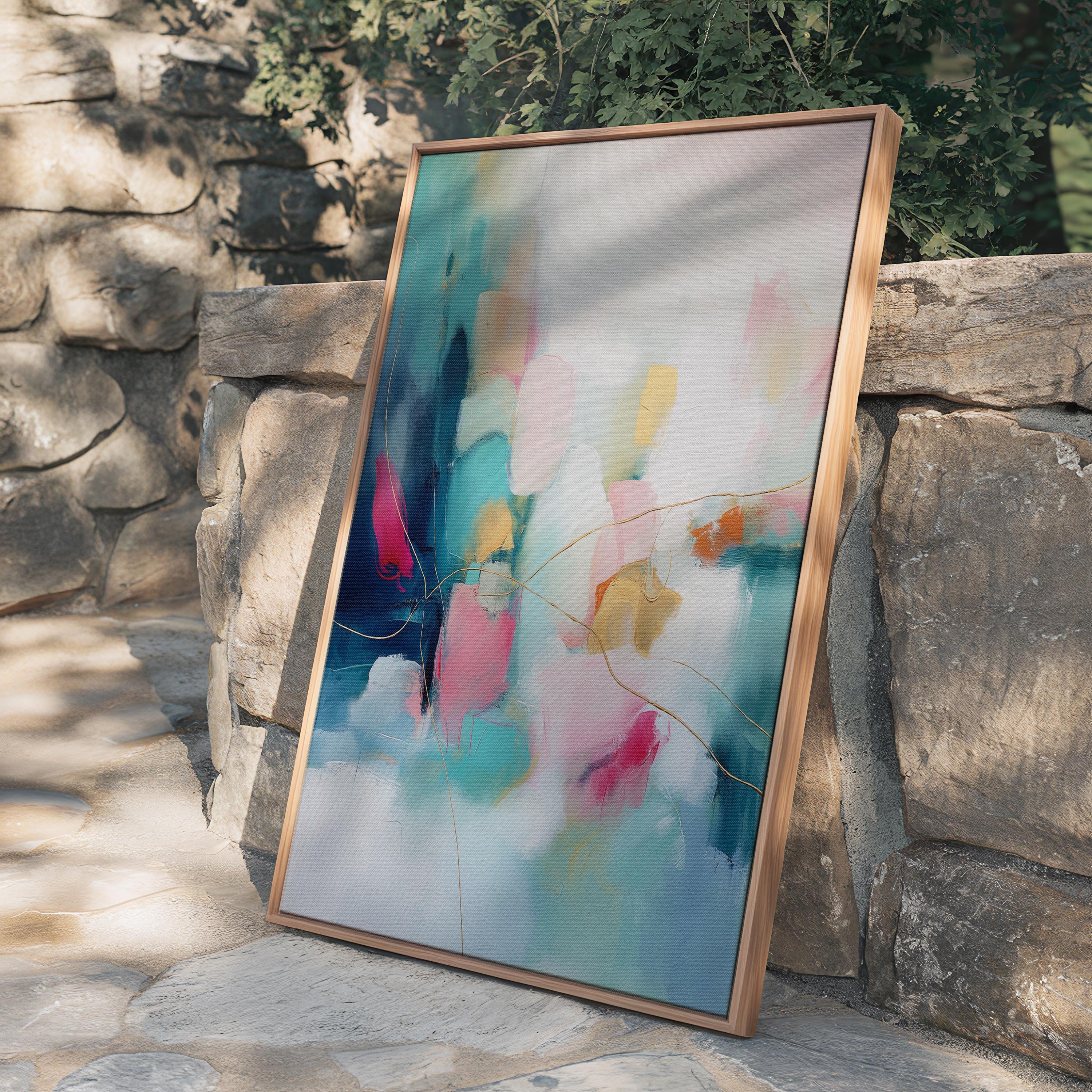 Vertical Canvas Wall Art, Floating Framed Abstract Painting, XL Dreamy Bedroom or Entryway Decor, Color Pop Warm Minimalist, MUSE 498