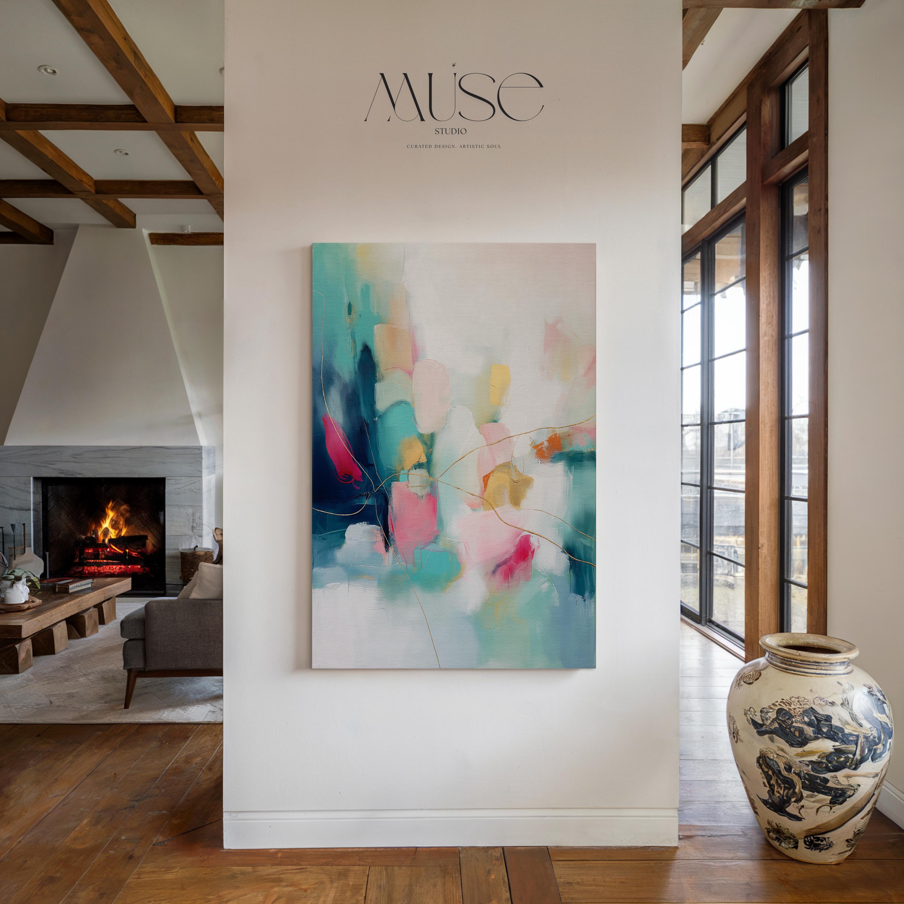 Vertical Abstract Canvas Wall Art, Large Stretched Canvas, Calm Dreamy Bedroom or Entryway Decor, Pink and Teal Color Pop Painting, MUSE 498 Stretched Canvas Art Large abstract wall decor on stretched canvas, gallery-wrapped and ready to hang. Perfect for colorful wall art in living rooms, office spaces, and design projects. Giclée canvas print with bold brushwork and vibrant modern style for impactful home decor. Muse Studio Decor Art.