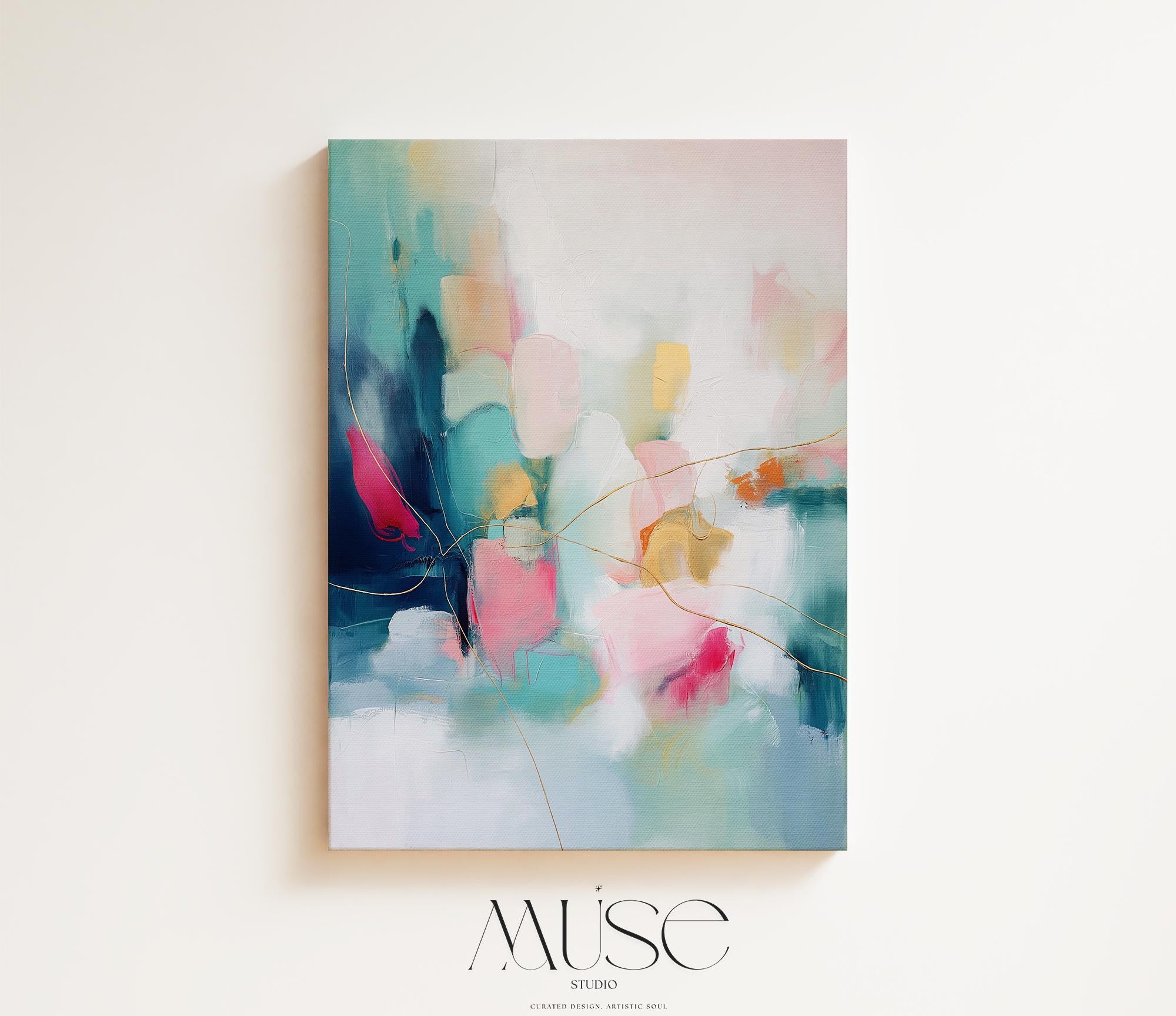 Vertical Abstract Canvas Wall Art, Large Stretched Canvas, Calm Dreamy Bedroom or Entryway Decor, Pink and Teal Color Pop Painting, MUSE 498 Stretched Canvas Art Large abstract wall decor on stretched canvas, gallery-wrapped and ready to hang. Perfect for colorful wall art in living rooms, office spaces, and design projects. Giclée canvas print with bold brushwork and vibrant modern style for impactful home decor. Muse Studio Decor Art.