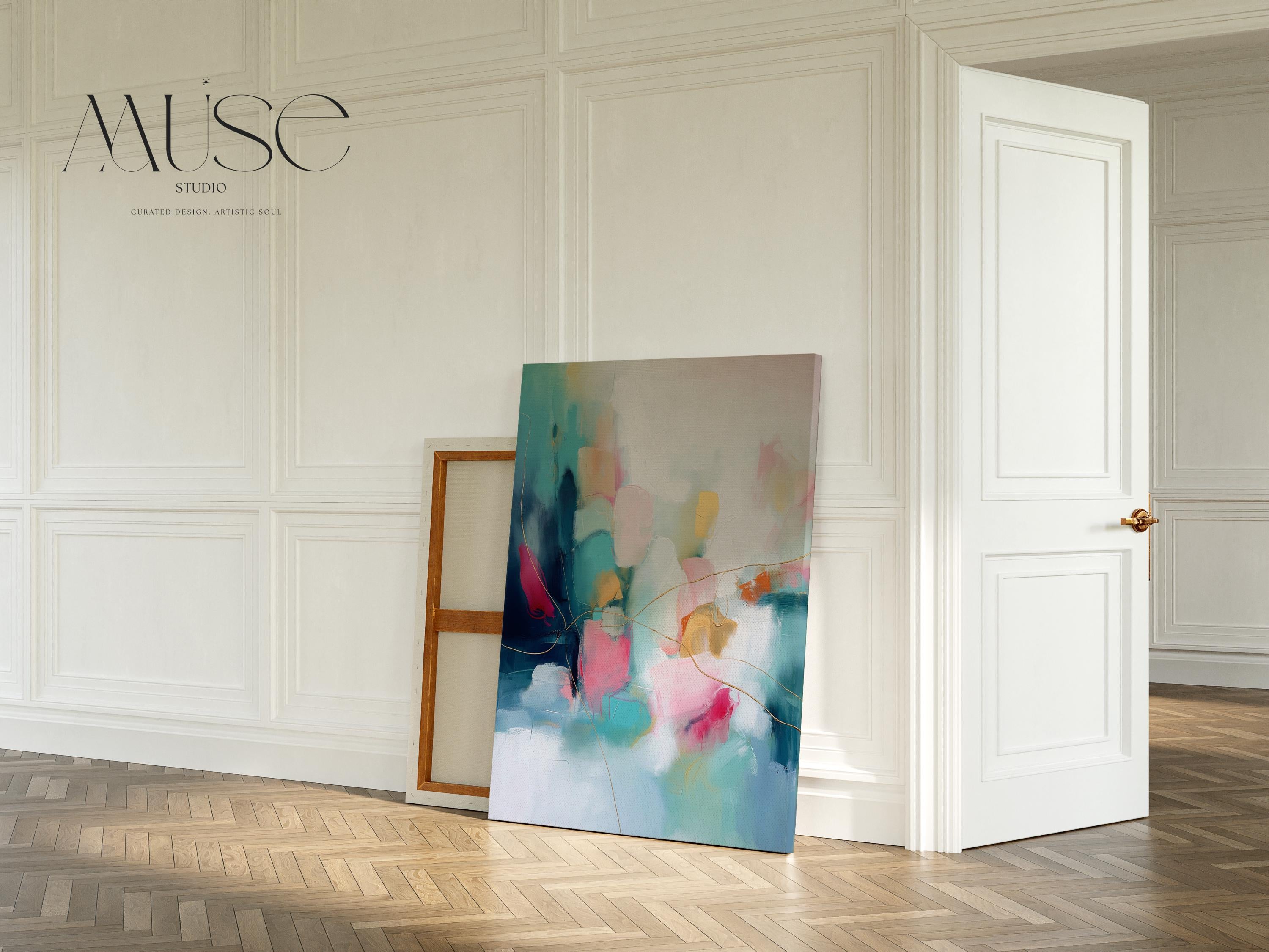 Vertical Abstract Canvas Wall Art, Large Stretched Canvas, Calm Dreamy Bedroom or Entryway Decor, Pink and Teal Color Pop Painting, MUSE 498
