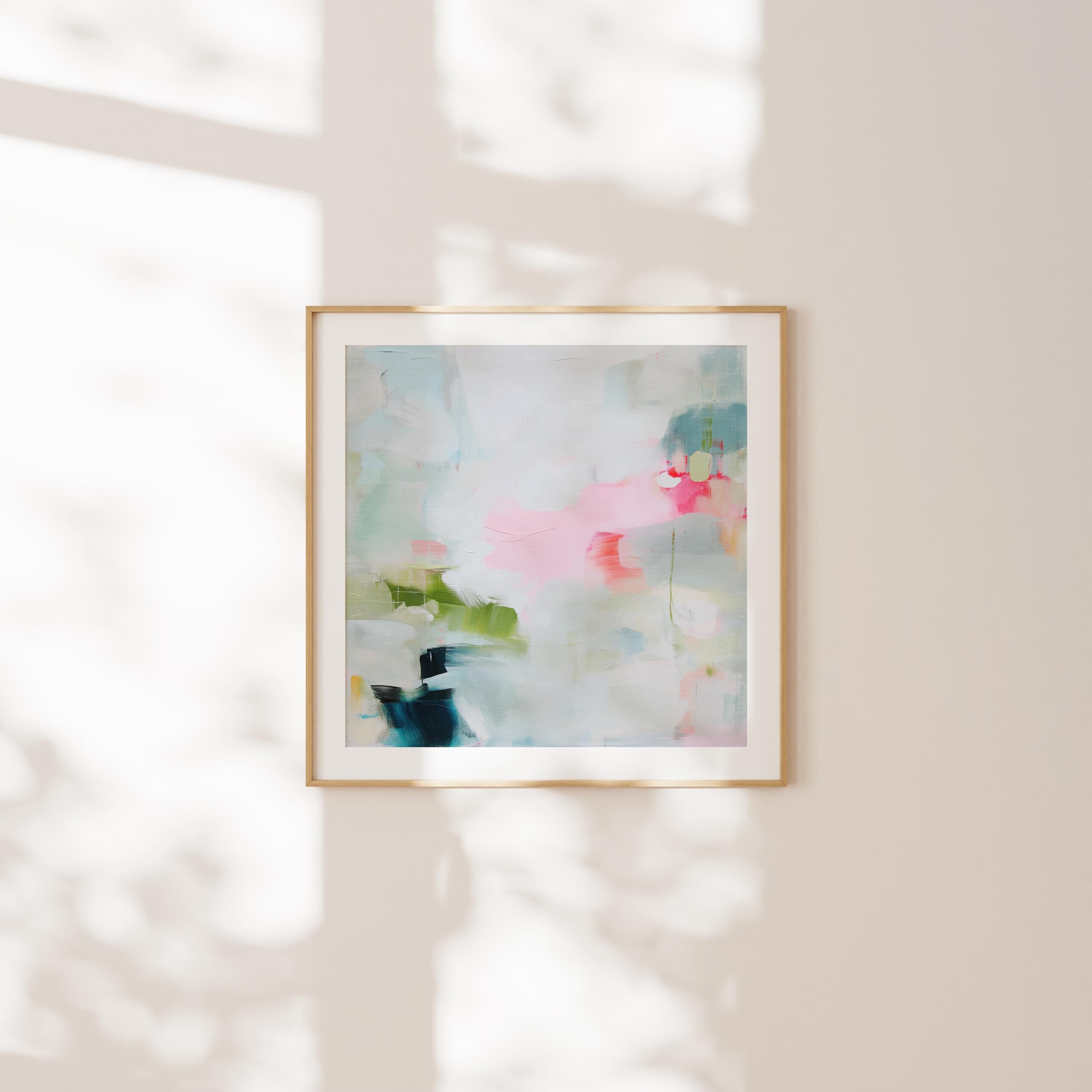 Blush and Sage Abstract Art Print, Square Fine Art Poster, Olive and Navy Wall Decor, XL Dreamy Bedroom or Office Print, MUSE 373 Square fine art poster print in blush, sage, olive, and navy tones. Displayed in a sunlit minimalist space with natural wood frame — ideal for dreamy bedrooms and modern interiors.