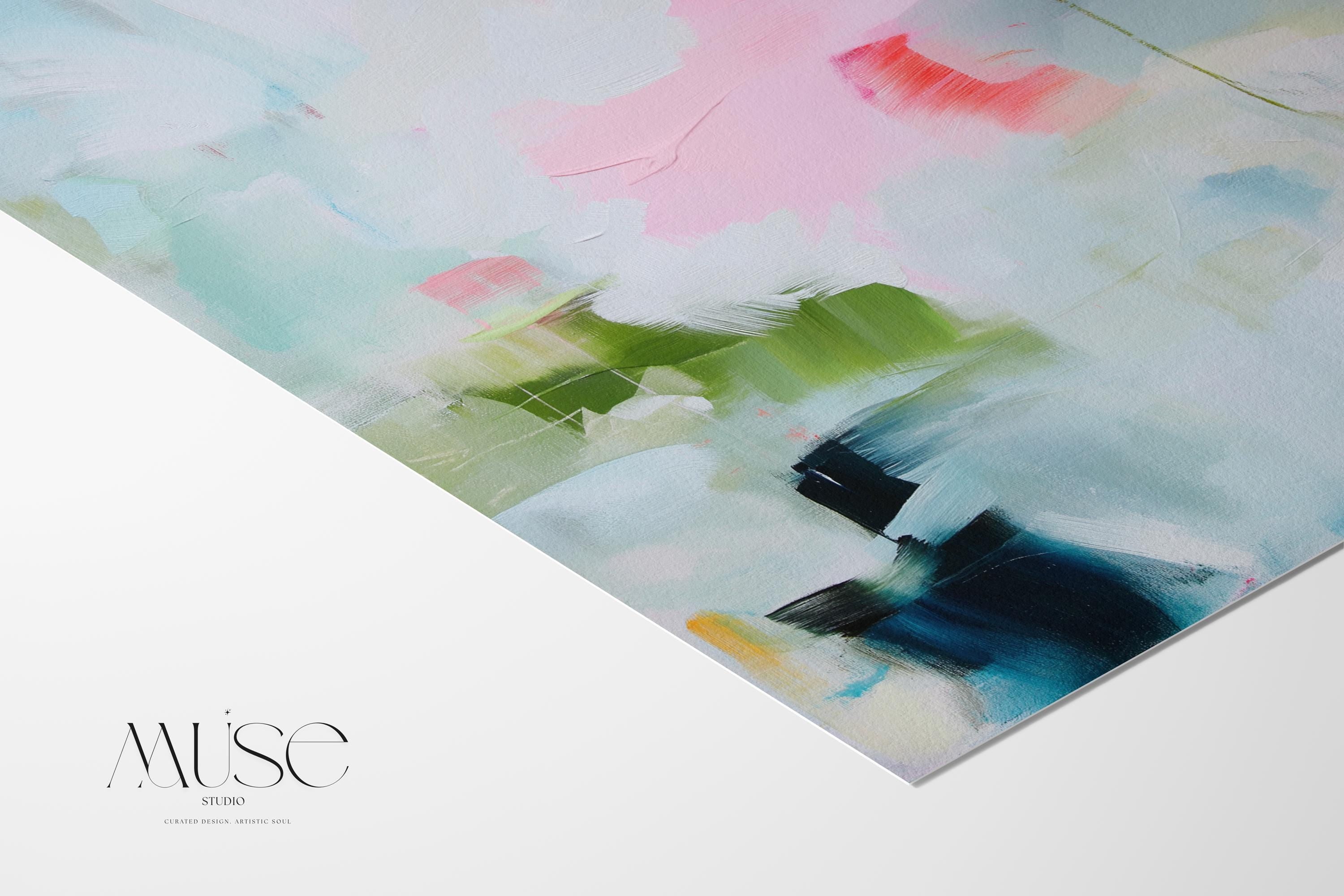 Blush and Sage Abstract Art Print, Square Fine Art Poster, Olive and Navy Wall Decor, XL Dreamy Bedroom or Office Print, MUSE 373 Square fine art poster print in blush, sage, olive, and navy tones. Displayed in a sunlit minimalist space with natural wood frame — ideal for dreamy bedrooms and modern interiors.