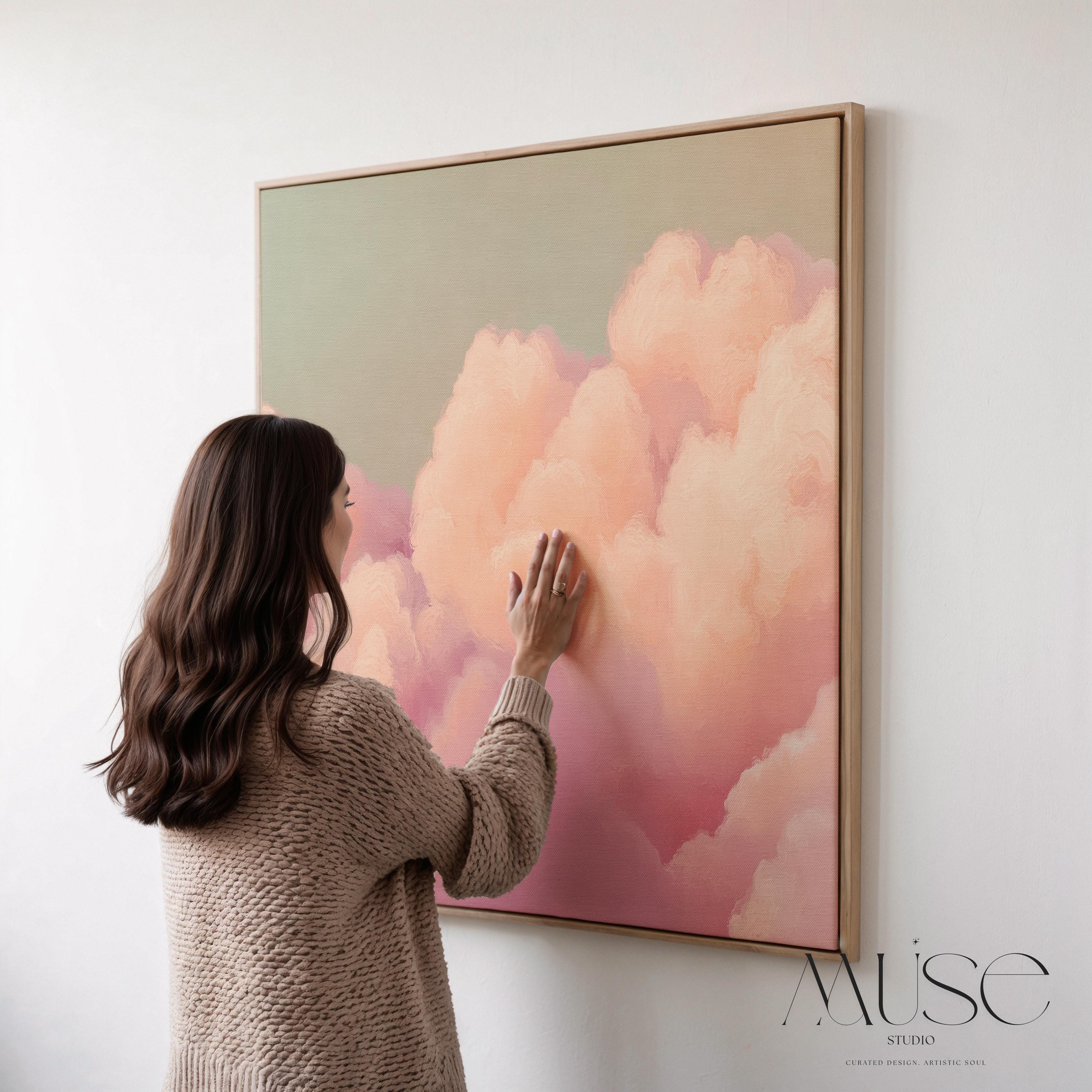 Dreamy Cloud Canvas • Floating Frame Art • Blush Peach Mint • Soft Pastel Muted Abstract • Dreamy Bedroom Decor • Wall Art by Muse Studio