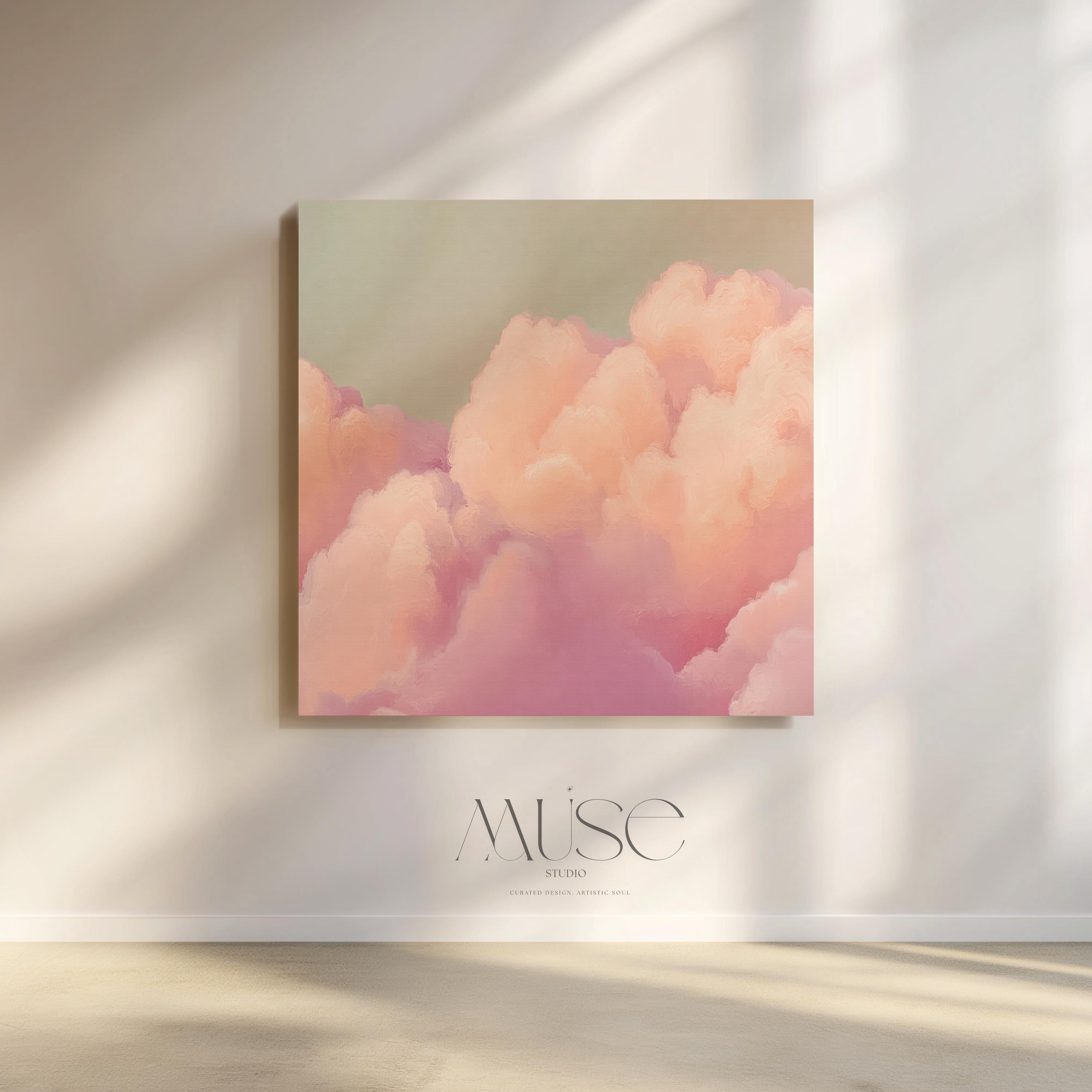 Canvas Wall Art Pink Clouds • Blush Peach Mint • Soft Pastel Muted Abstract • Dreamy Bedroom XL Oversized Wall Decor • by Muse Studio 499