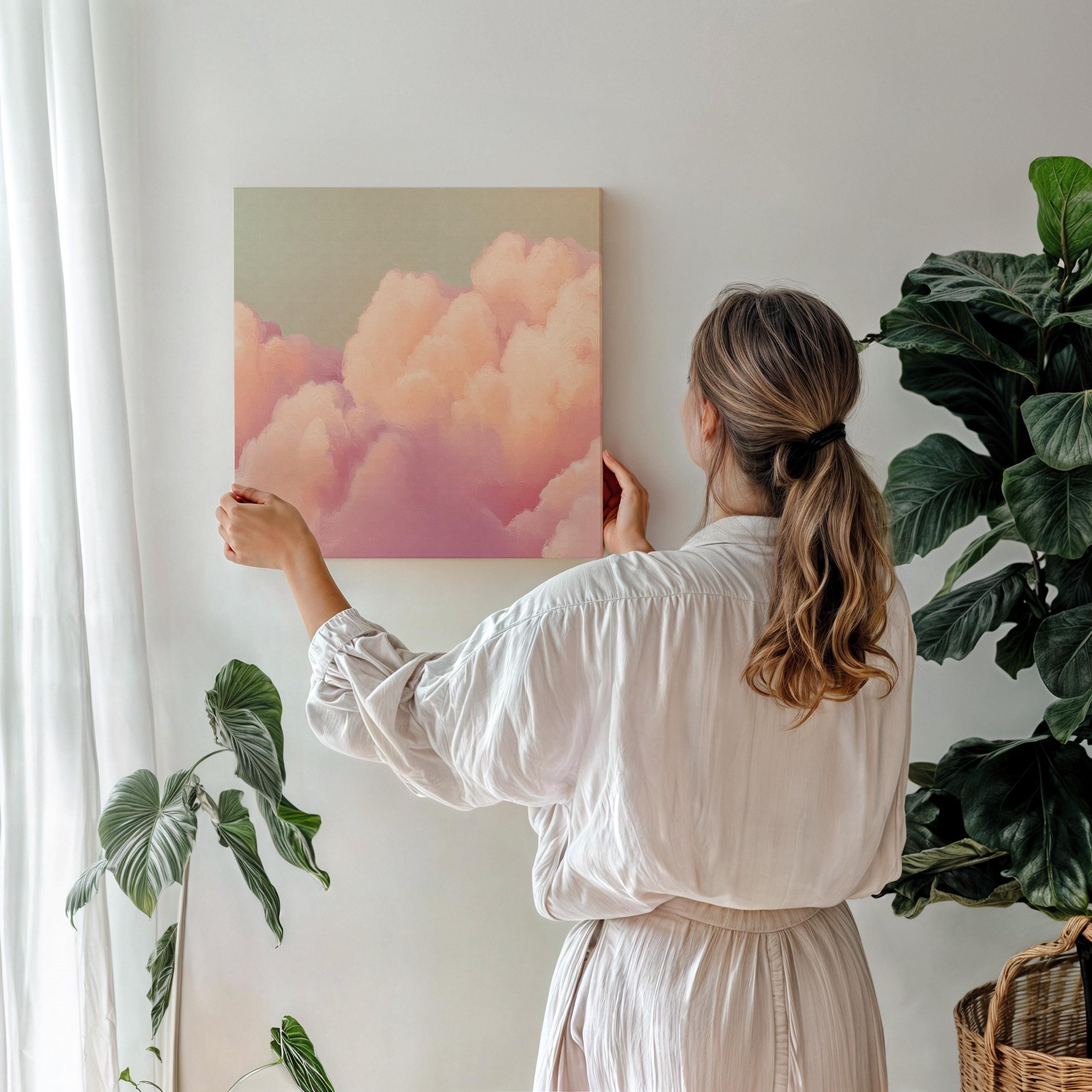 Canvas Wall Art Pink Clouds • Blush Peach Mint • Soft Pastel Muted Abstract • Dreamy Bedroom XL Oversized Wall Decor • by Muse Studio 499