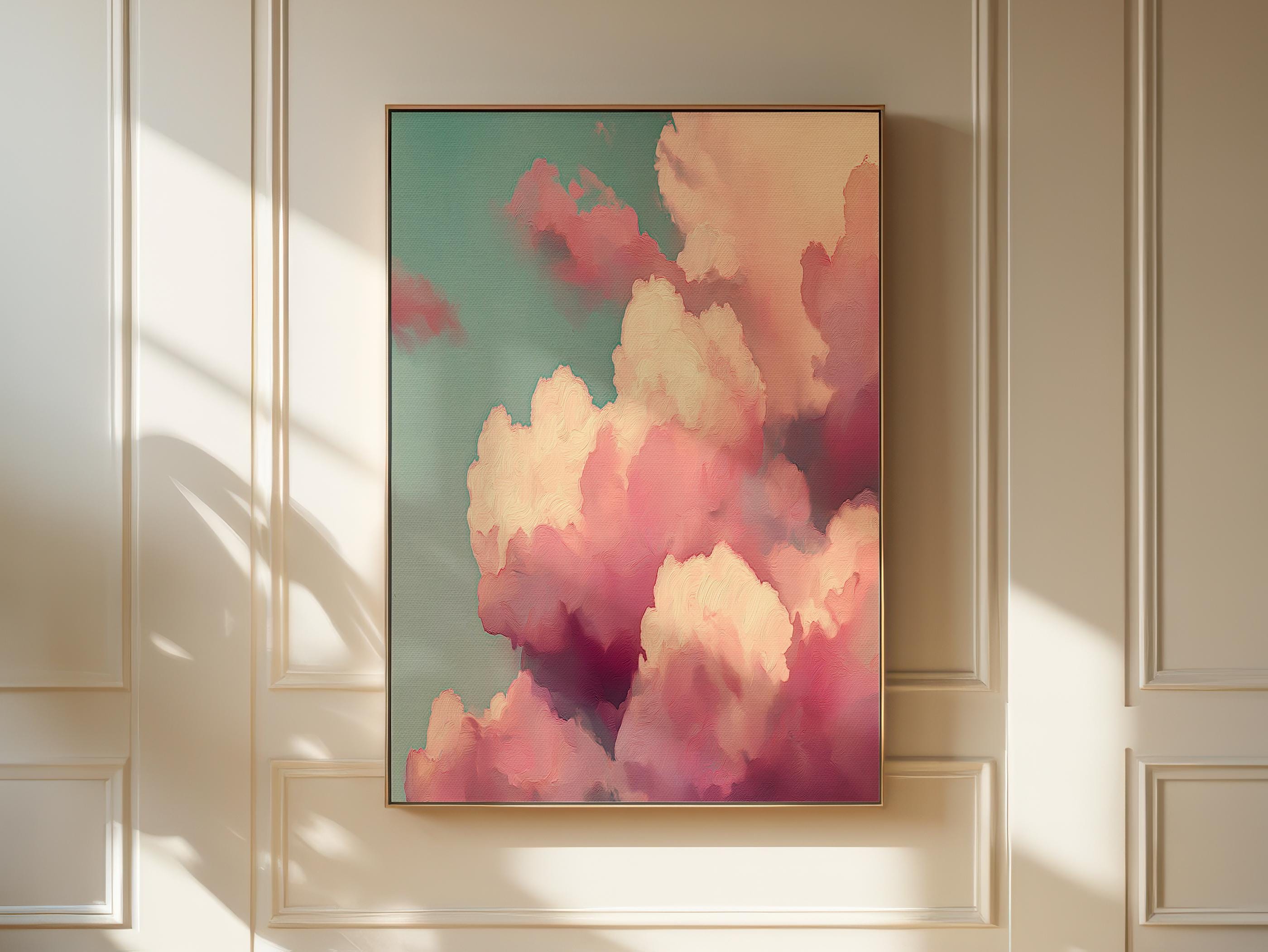 Pink Teal Cloudscape Canvas Wall Art, Floating Framed Abstract Painting, Extra Large Dreamy Bedroom Decor, Maximalist Wall Art • MUSE 509