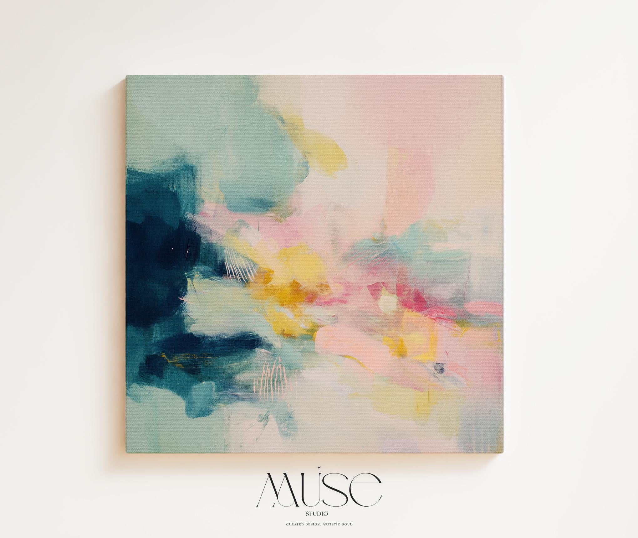 Colorful Abstract Floating Framed Canvas Wall Art, Soft Pastel Brushstroke Painting, Oversized Square Living Room or Studio Decor • MUSE 319