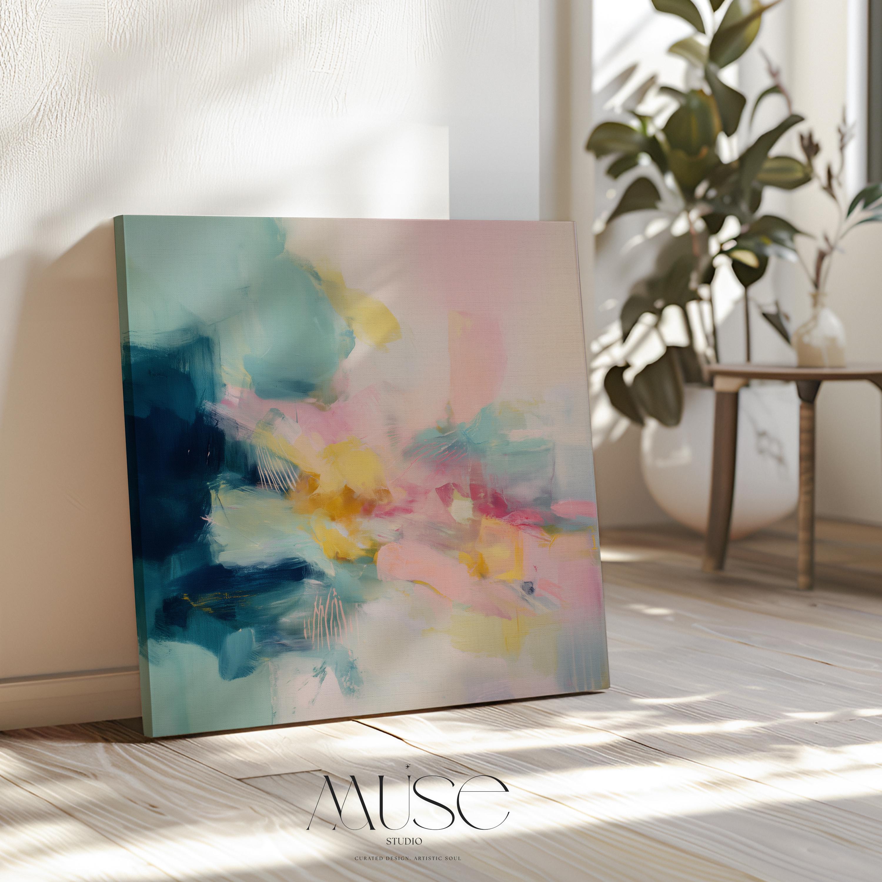 Colorful Abstract Floating Framed Canvas Wall Art, Soft Pastel Brushstroke Painting, Oversized Square Living Room or Studio Decor • MUSE 319