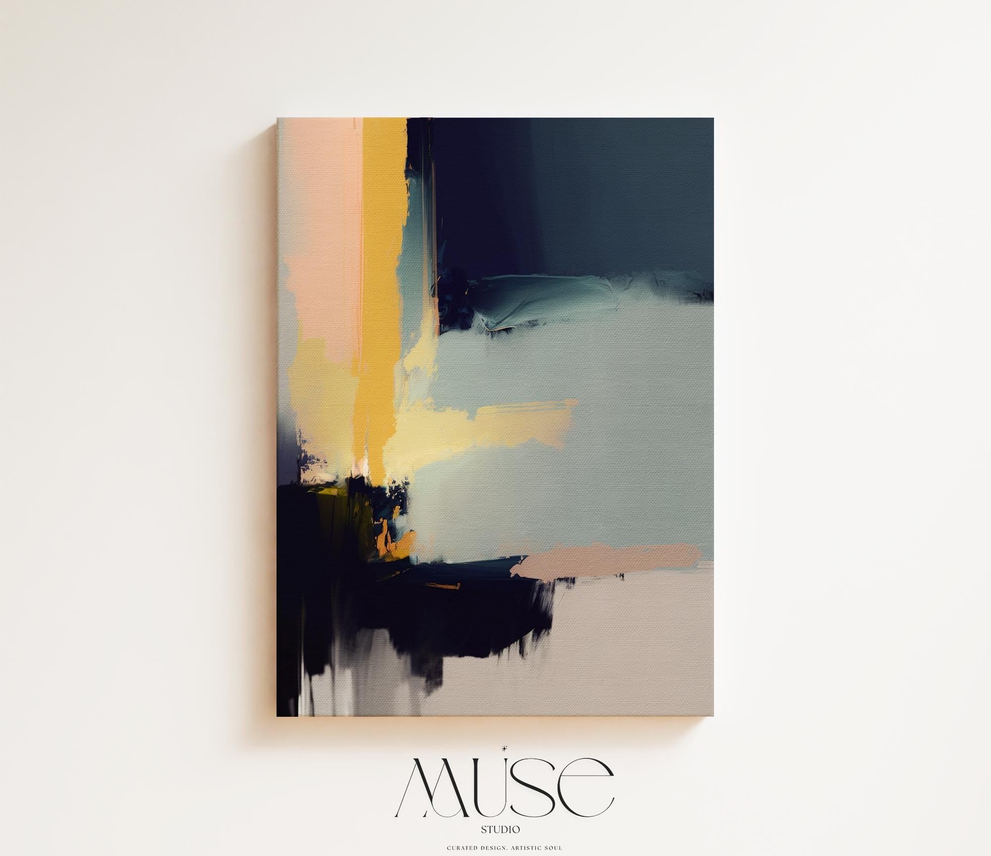 Horizontal navy blue abstract canvas wall art with bold minimalist styling, ideal for office or living room interiors. Available as a floating framed or gallery-wrapped canvas by Muse Studio.