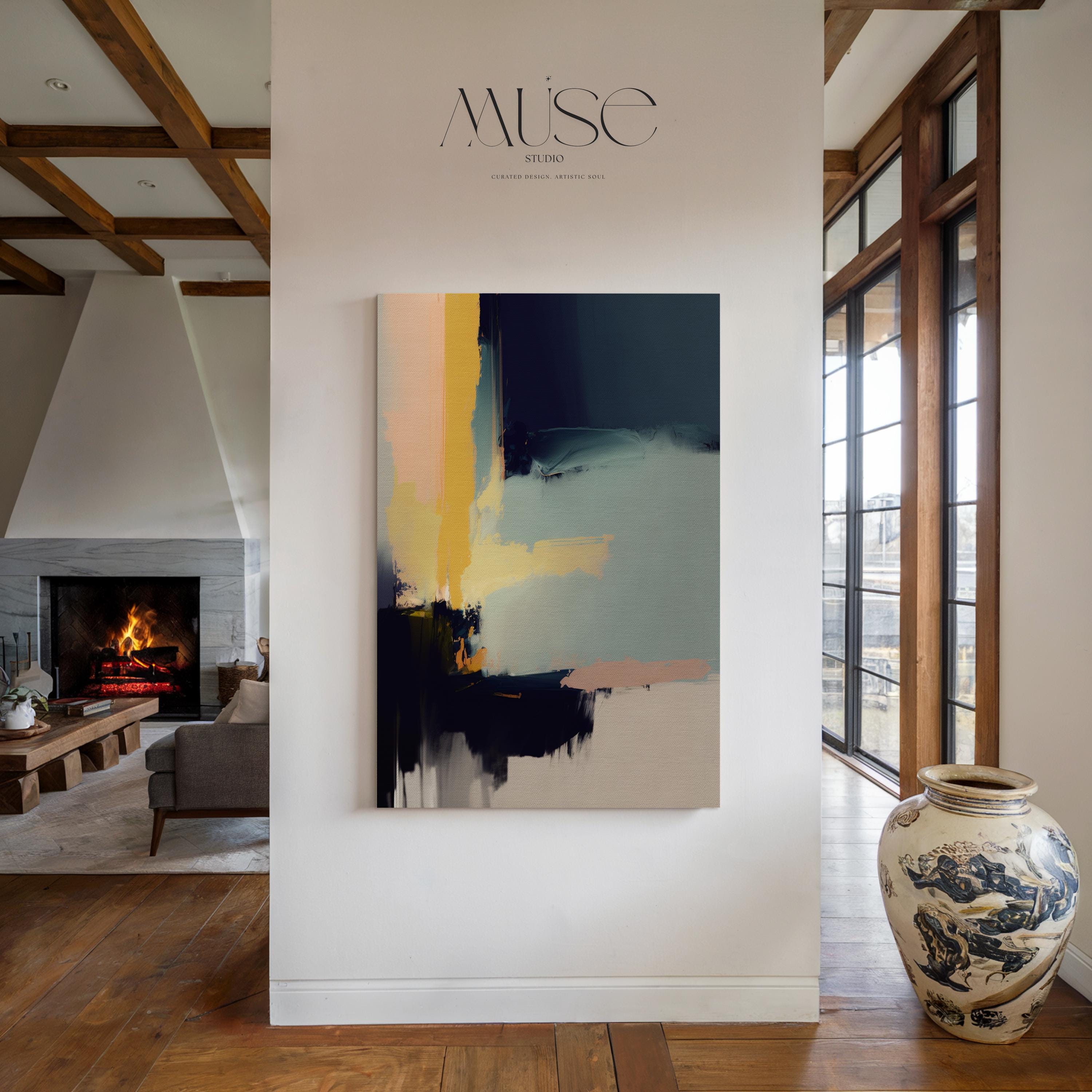 Horizontal navy blue abstract canvas wall art with bold minimalist styling, ideal for office or living room interiors. Available as a floating framed or gallery-wrapped canvas by Muse Studio.