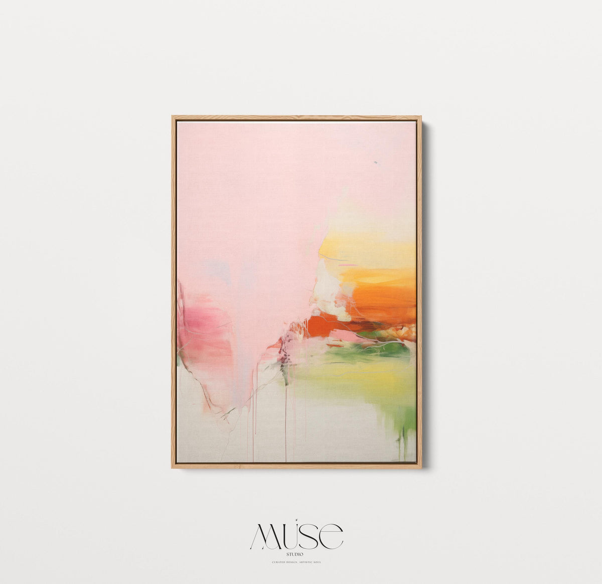 Vertical abstract wall art featuring soft blush pink, vibrant orange, and muted green tones displayed on a clean white wall. Light pastel contemporary canvas ideal for bright living rooms, bedrooms, or warm minimalist interiors. Available as framed wall art or canvas by Muse Studio.