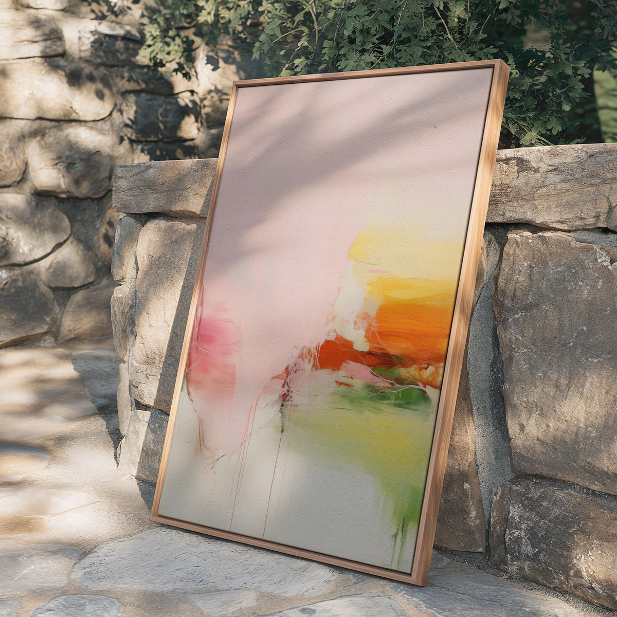 Vertical abstract wall art featuring soft blush pink, vibrant orange, and muted green tones displayed on a clean white wall. Light pastel contemporary canvas ideal for bright living rooms, bedrooms, or warm minimalist interiors. Available as framed wall art or canvas by Muse Studio.