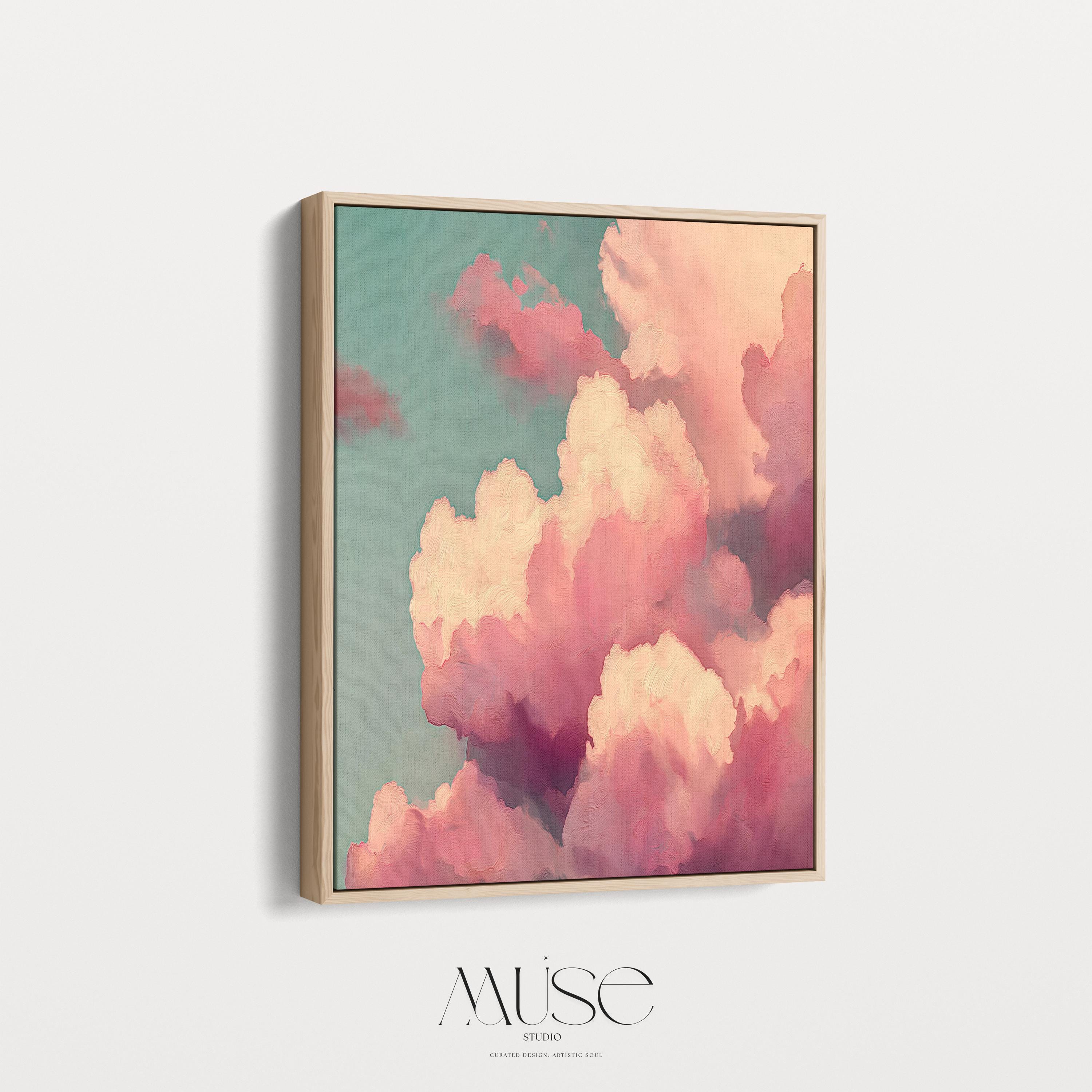 Pink Teal Cloudscape Canvas Wall Art, Floating Framed Abstract Painting, Extra Large Dreamy Bedroom Decor, Maximalist Wall Art • MUSE 509