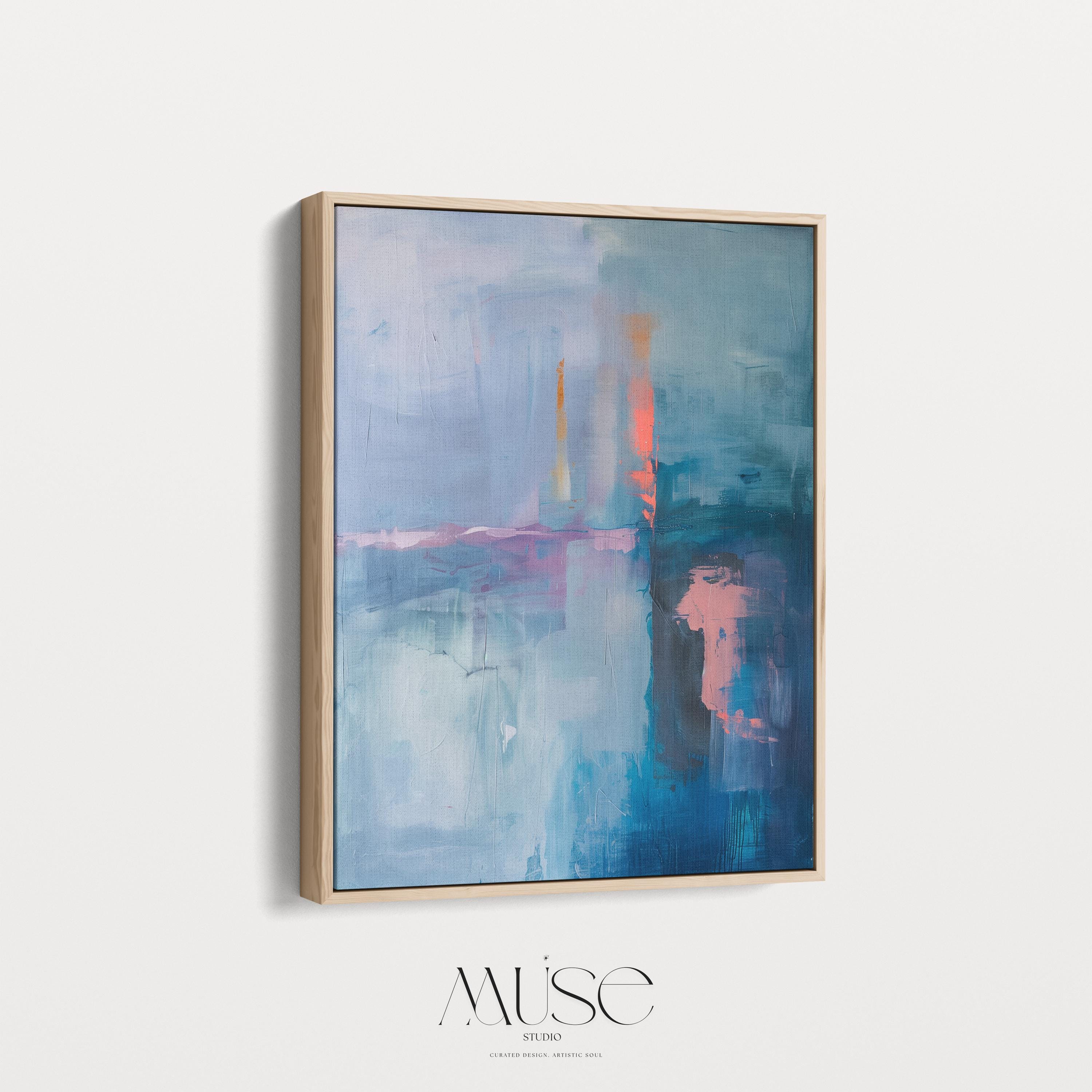 Blue Teal Pink Abstract Canvas Wall Art, Floating Framed Art, Giclée Print, Large Vertical Bedroom Decor, Soft Contemporary • 264