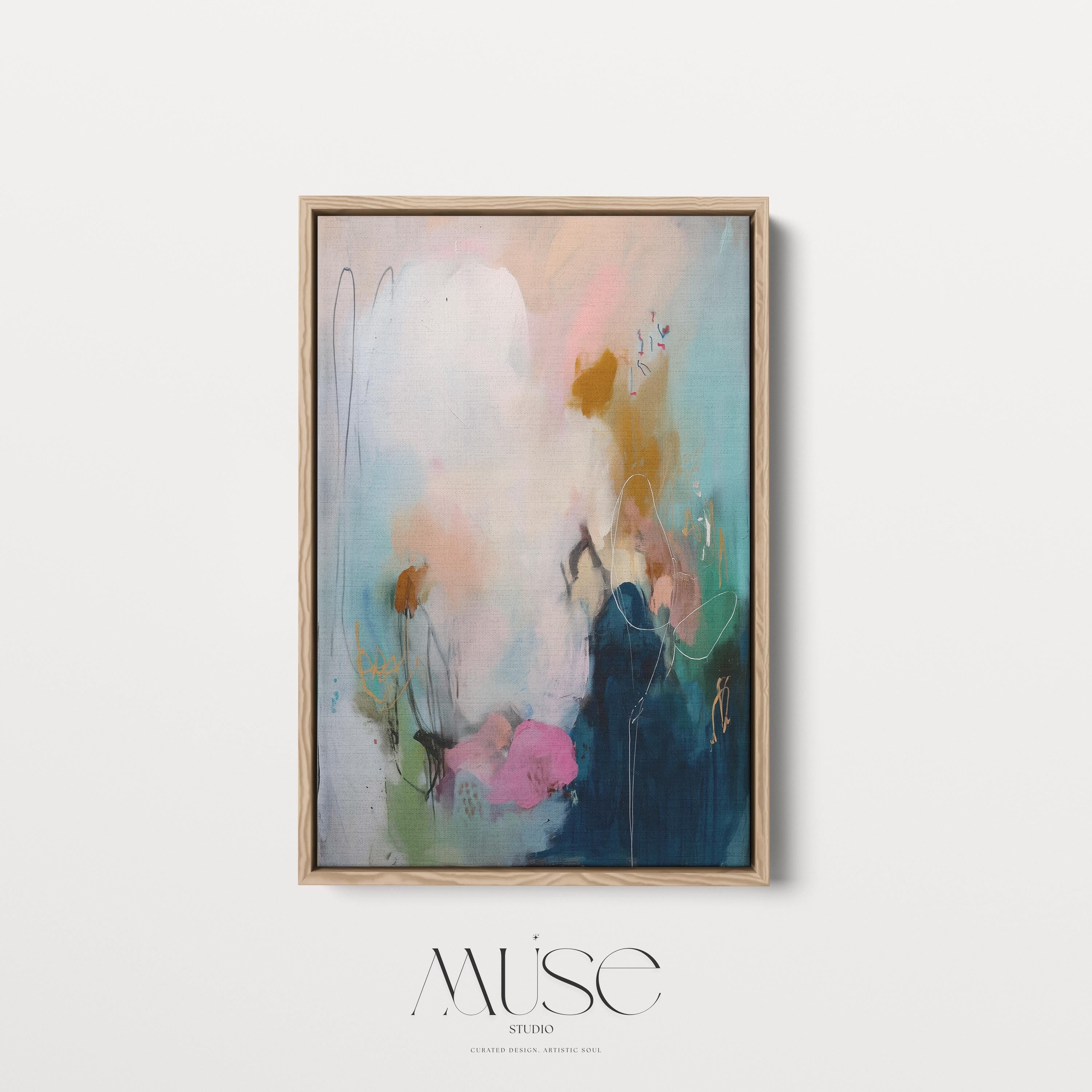 Teal pink navy abstract canvas wall art large framed art giclée print soft contemporary transitional wall decor for living room MUSE 427 Framed Canvas Art Colorful abstract wall art on framed canvas, perfect for bold decor art and modern wall decor. Large statement piece with expressive brushstrokes and rich textures. Ready-to-hang giclée canvas designed to energize living rooms, offices, bedrooms and curated interiors. Muse Studio Decor Art.