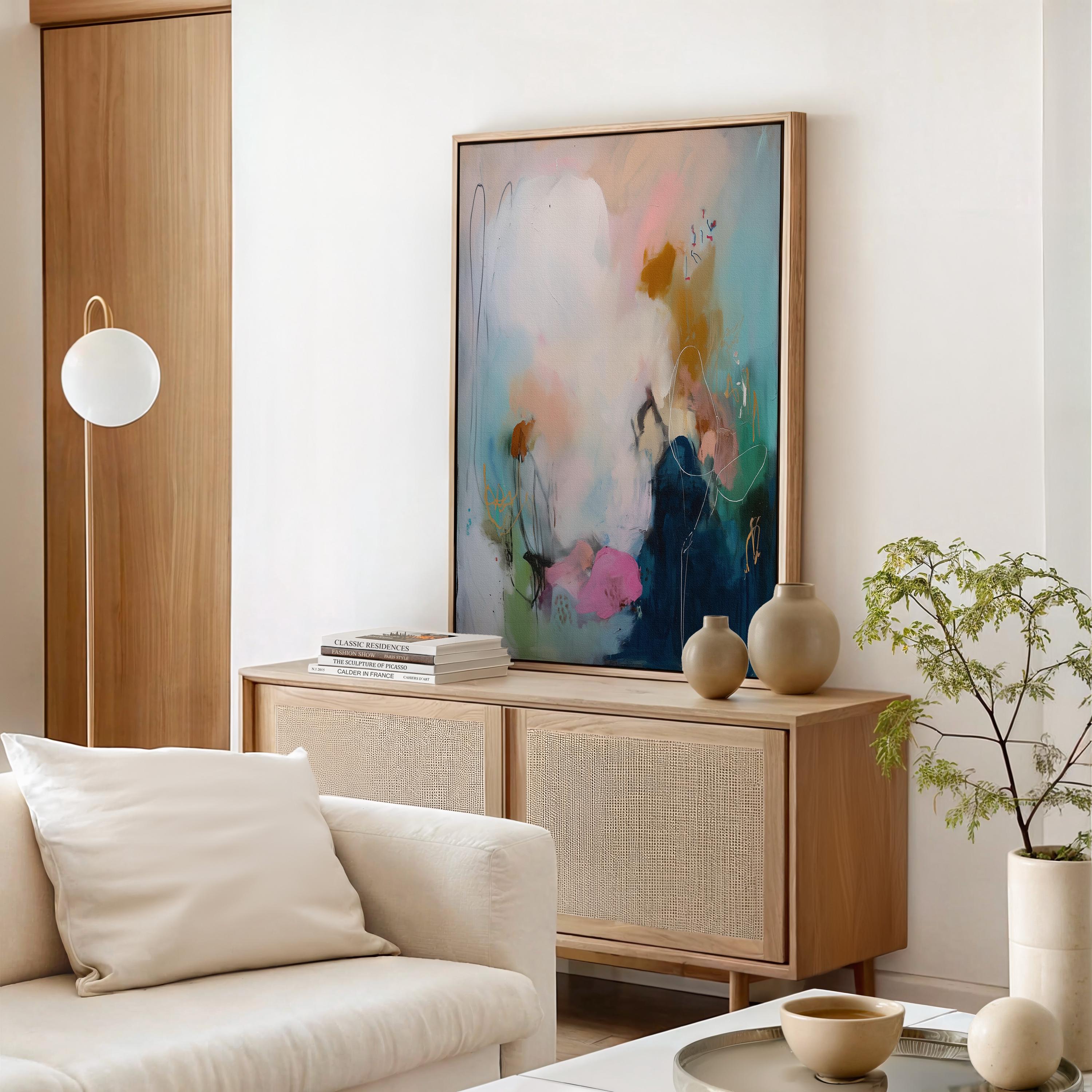 Teal pink navy abstract canvas wall art large framed art giclée print soft contemporary transitional wall decor for living room MUSE 427 Framed Canvas Art Colorful abstract wall art on framed canvas, perfect for bold decor art and modern wall decor. Large statement piece with expressive brushstrokes and rich textures. Ready-to-hang giclée canvas designed to energize living rooms, offices, bedrooms and curated interiors. Muse Studio Decor Art.