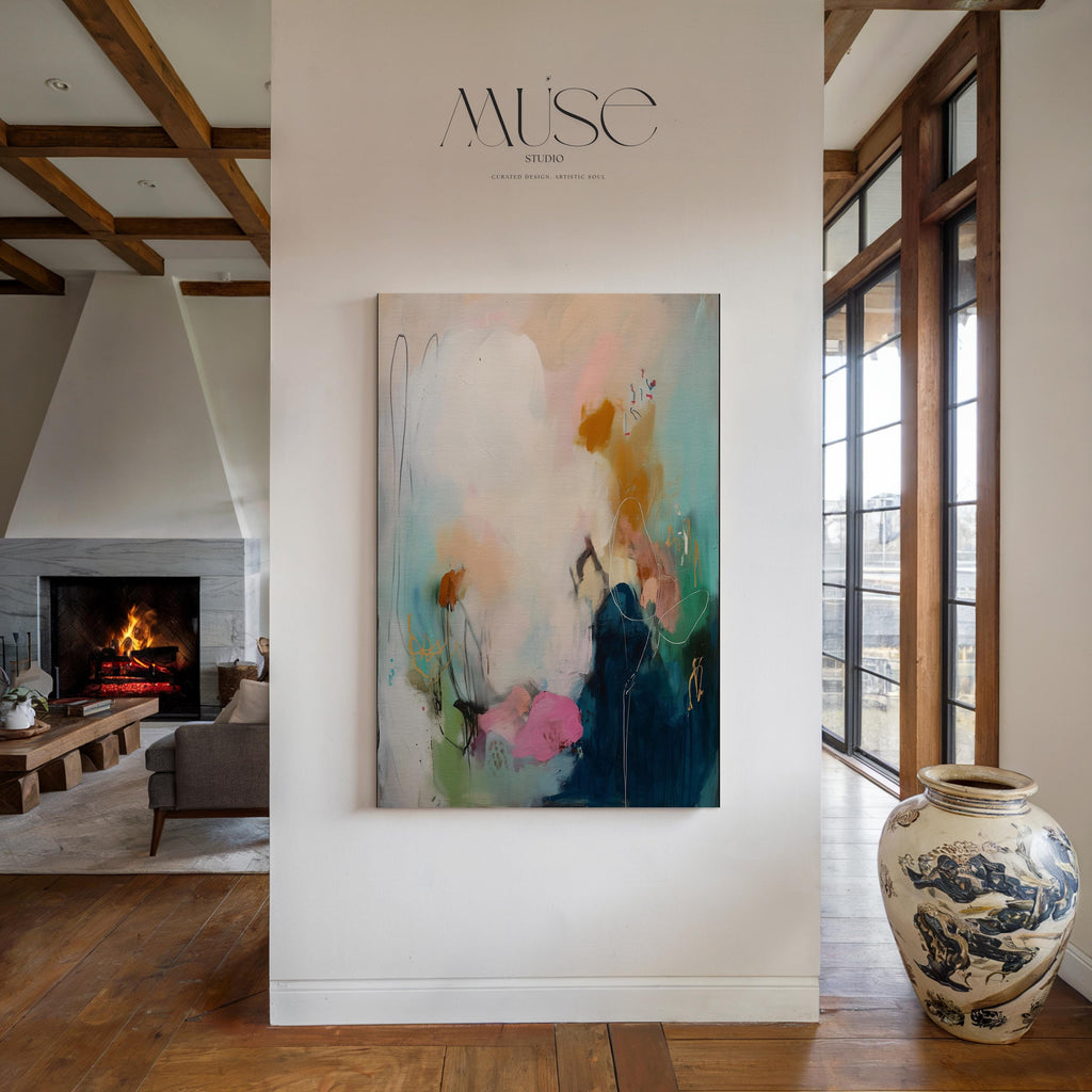 Teal pink navy abstract canvas wall art vertical oversized painting soft contemporary transitional decor for entryway dining room MUSE 427
