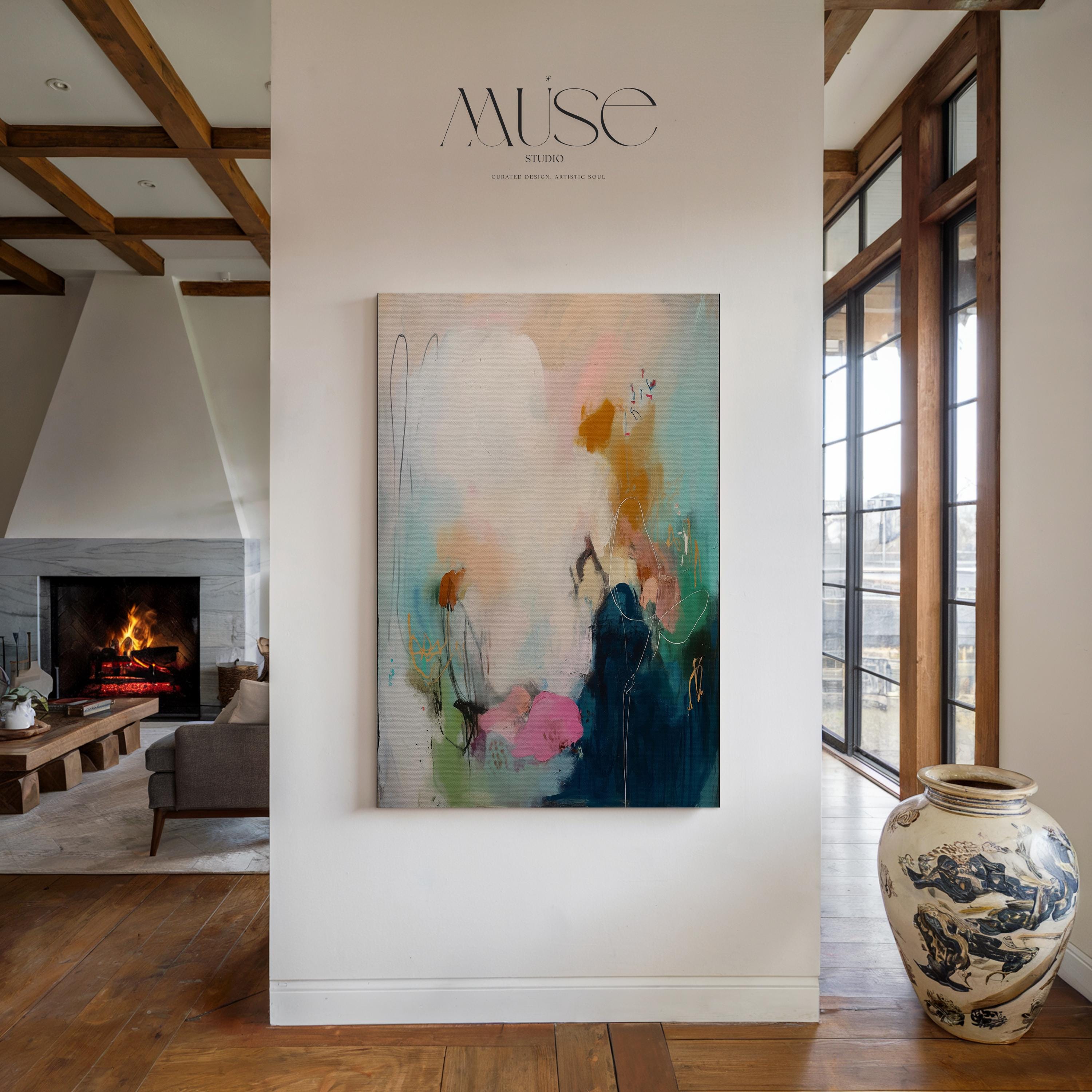 Teal pink navy abstract canvas wall art vertical oversized painting soft contemporary transitional decor for entryway dining room MUSE 427