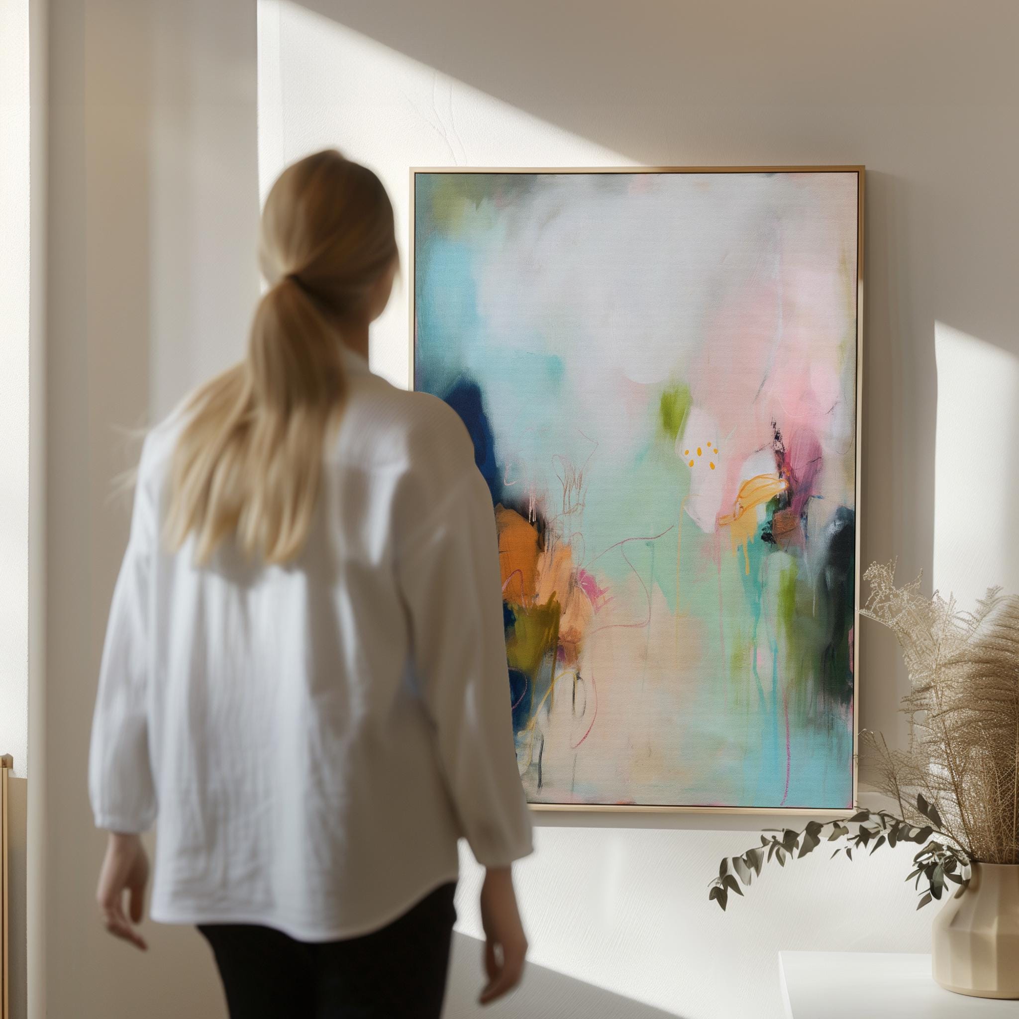 Framed canvas wall art abstract painting in blush teal navy large giclee print soft contemporary transitional decor for dining room MUSE 428 Fine art print of abstract decor art printed on rolled canvas or cold-pressed watercolor paper using giclée technique. Designed for modern interiors, home styling, or office decor. Bold and colorful statement art brings vibrant energy to curated spaces. Ideal for custom framing and large-scale wall displays. Muse Studio Decor Art.