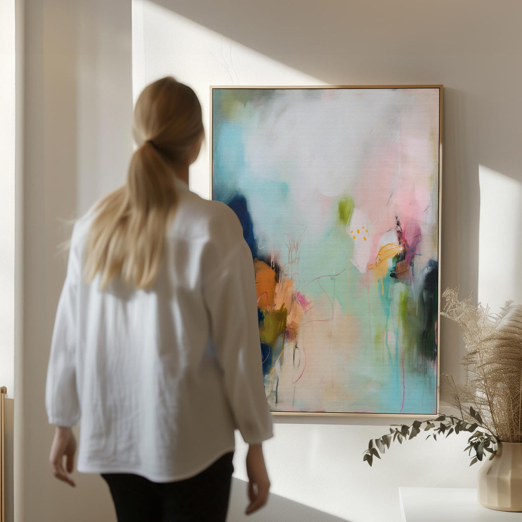 Framed canvas wall art abstract painting in blush teal navy large giclee print soft contemporary transitional decor for dining room MUSE 428 Fine art print of abstract decor art printed on rolled canvas or cold-pressed watercolor paper using giclée technique. Designed for modern interiors, home styling, or office decor. Bold and colorful statement art brings vibrant energy to curated spaces. Ideal for custom framing and large-scale wall displays. Muse Studio Decor Art.
