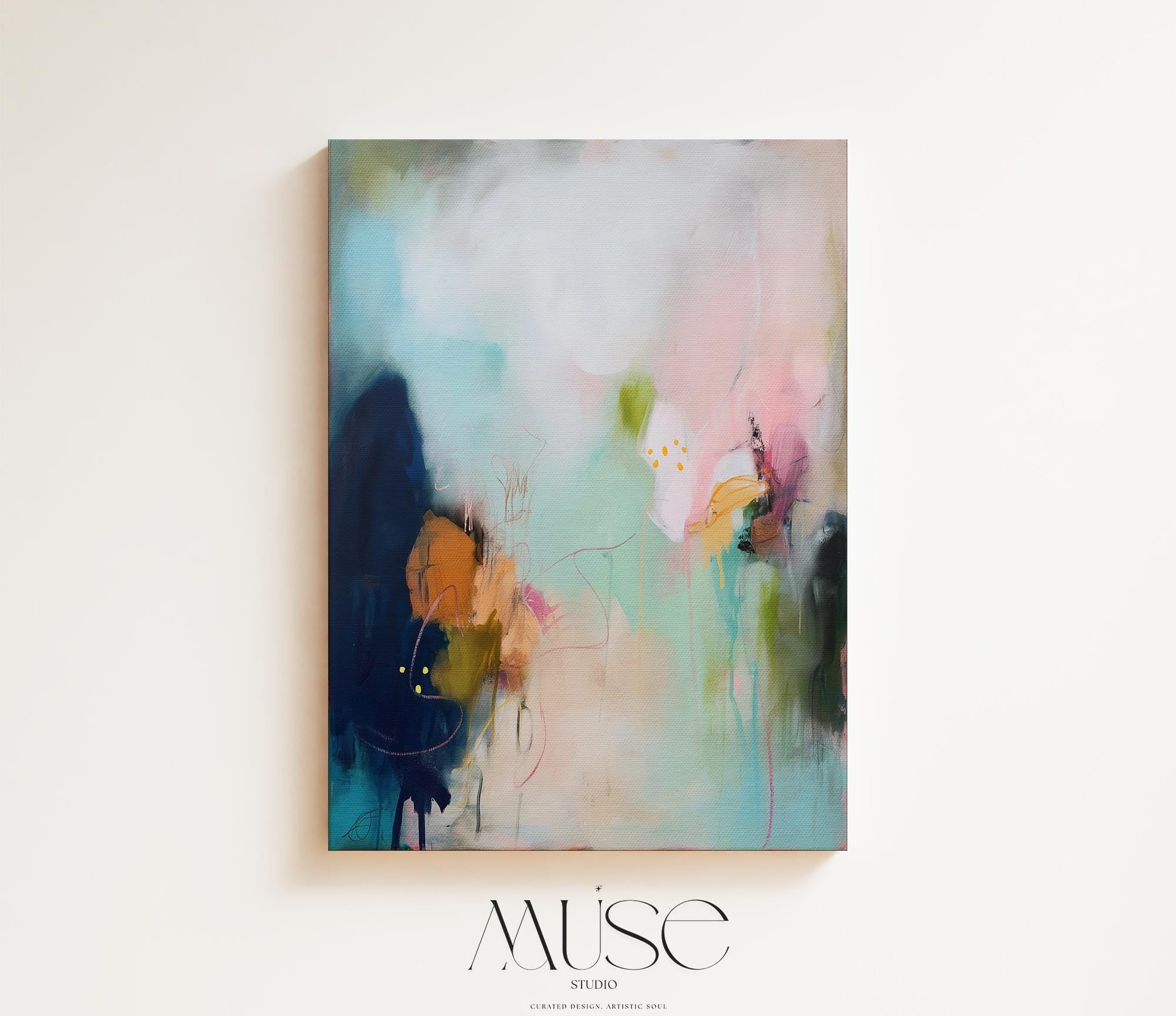 Teal blush navy abstract canvas wall art vertical oversized painting soft contemporary transitional decor for dining room hallway MUSE 428 Stretched Canvas Art Large abstract wall decor on stretched canvas, gallery-wrapped and ready to hang. Perfect for colorful wall art in living rooms, office spaces, and design projects. Giclée canvas print with bold brushwork and vibrant modern style for impactful home decor. Muse Studio Decor Art.