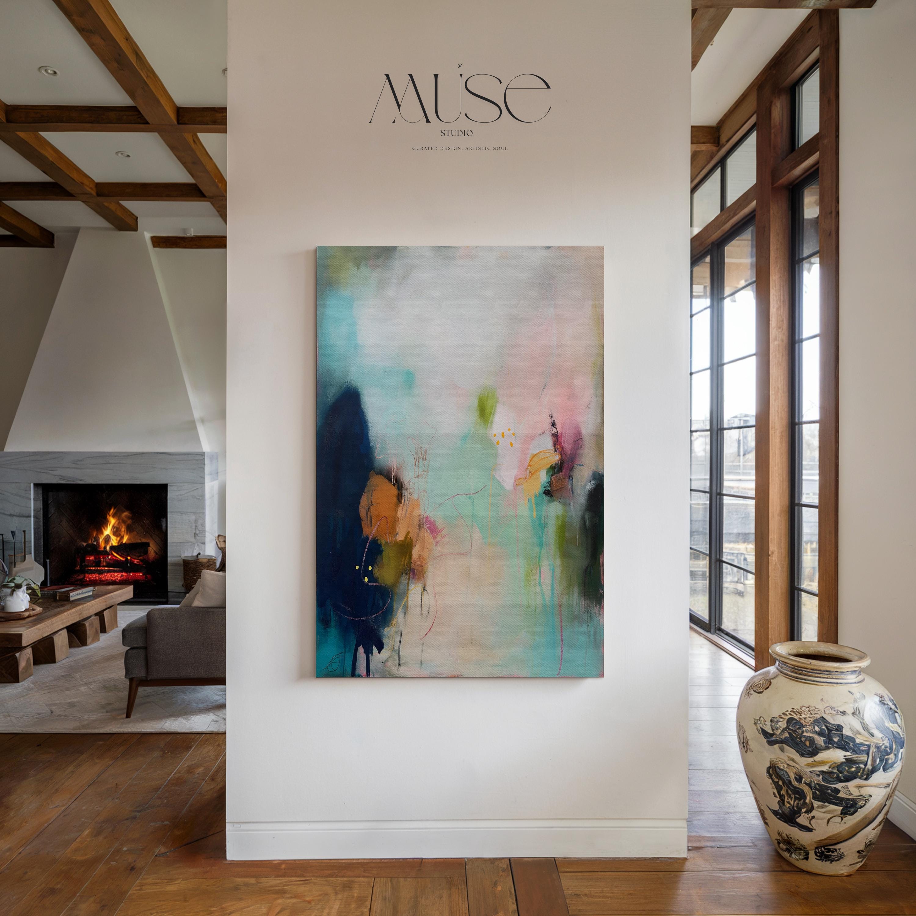 Abstract canvas wall art by Muse Studio featuring teal, blush, and navy tones in a vertical coastal-inspired composition, printed with museum-grade giclée inks on premium gallery-wrapped artist canvas for office or workspace decor Evening Haze 428