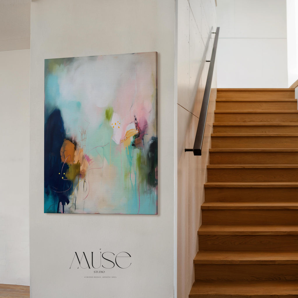 Teal blush navy abstract canvas wall art vertical oversized painting soft contemporary transitional decor for dining room hallway MUSE 428 Stretched Canvas Art Large abstract wall decor on stretched canvas, gallery-wrapped and ready to hang. Perfect for colorful wall art in living rooms, office spaces, and design projects. Giclée canvas print with bold brushwork and vibrant modern style for impactful home decor. Muse Studio Decor Art.