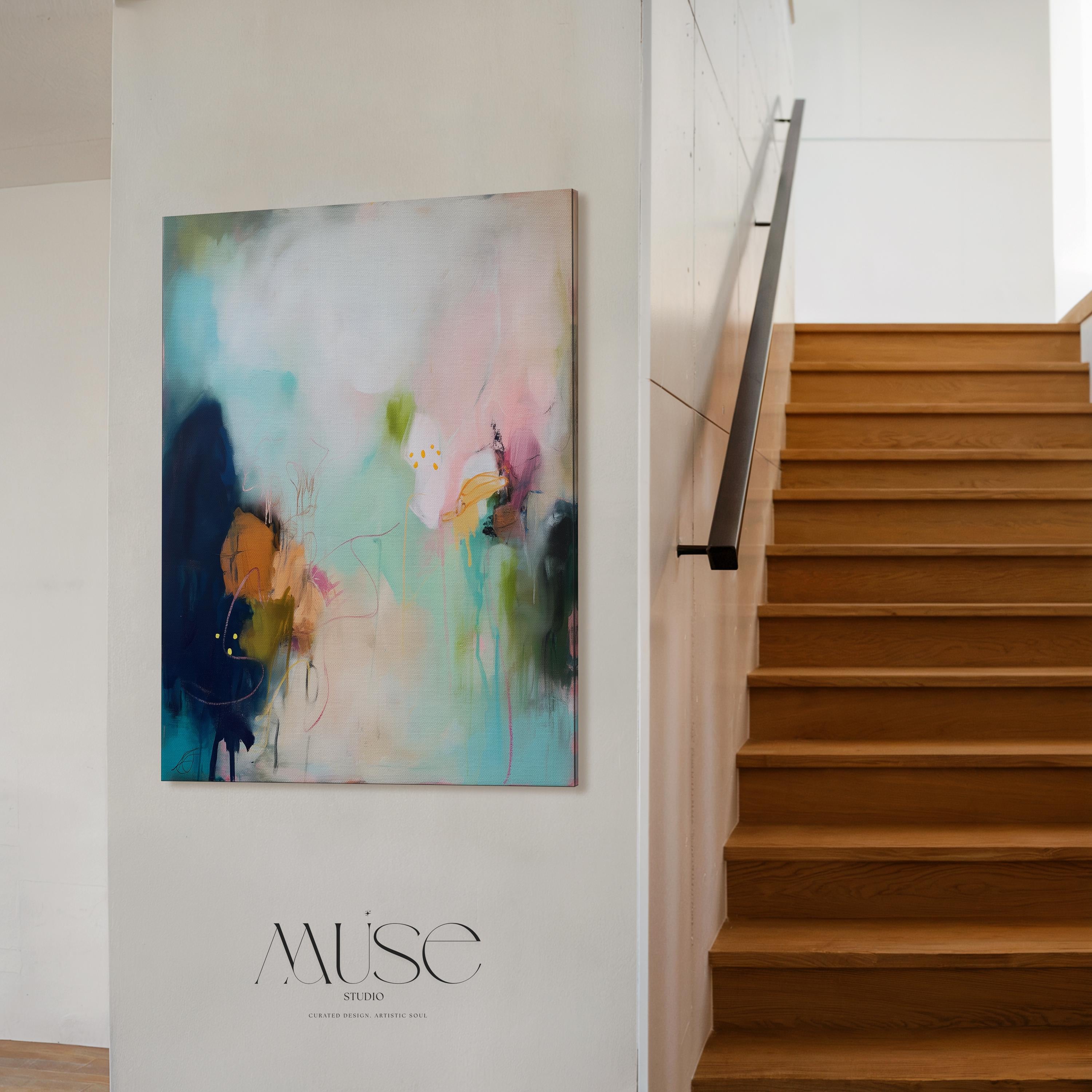 Teal blush navy abstract canvas wall art vertical oversized painting soft contemporary transitional decor for dining room hallway MUSE 428 Stretched Canvas Art Large abstract wall decor on stretched canvas, gallery-wrapped and ready to hang. Perfect for colorful wall art in living rooms, office spaces, and design projects. Giclée canvas print with bold brushwork and vibrant modern style for impactful home decor. Muse Studio Decor Art.