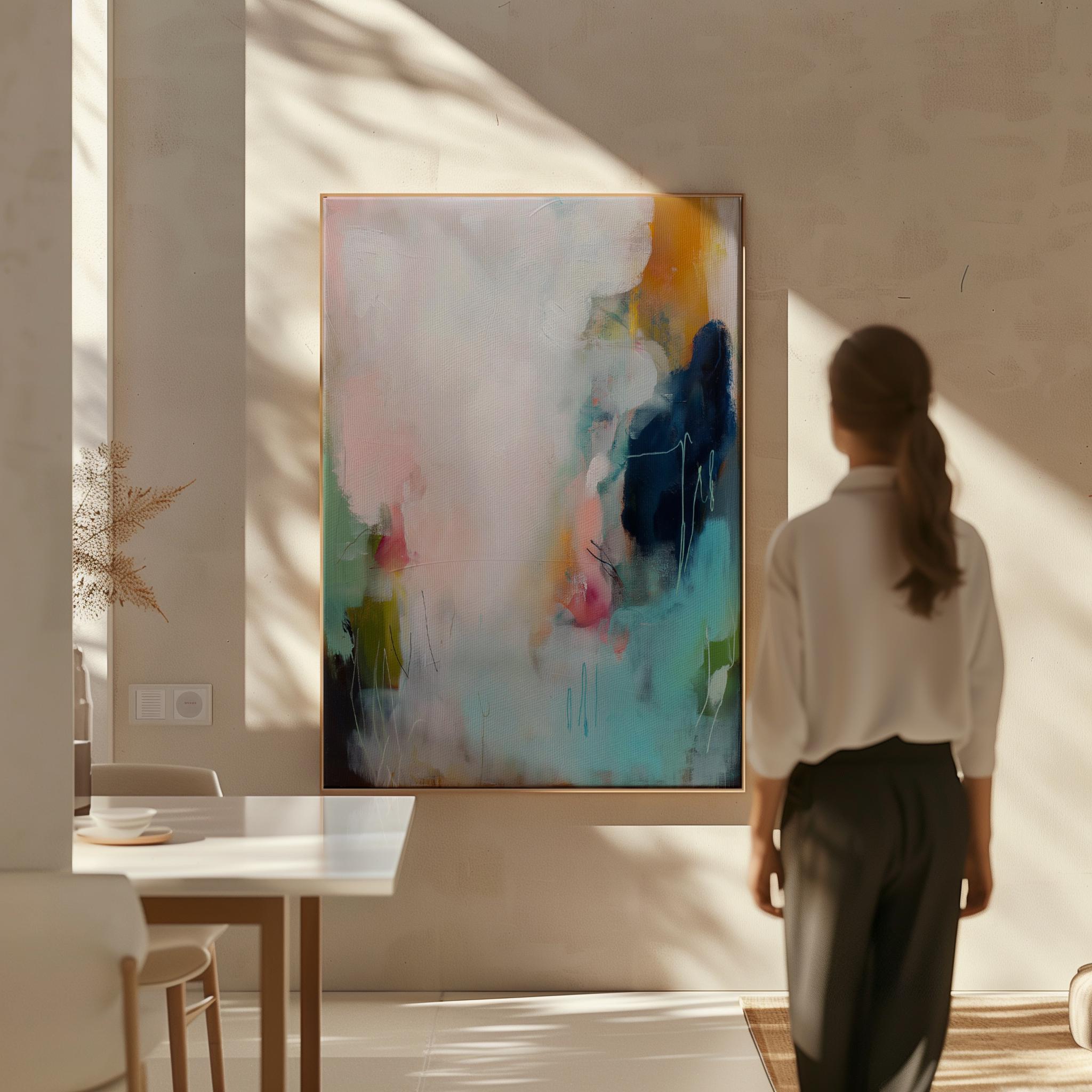 Framed canvas wall art abstract painting in teal blush navy large giclee print color pop soft contemporary decor for living room MUSE 429