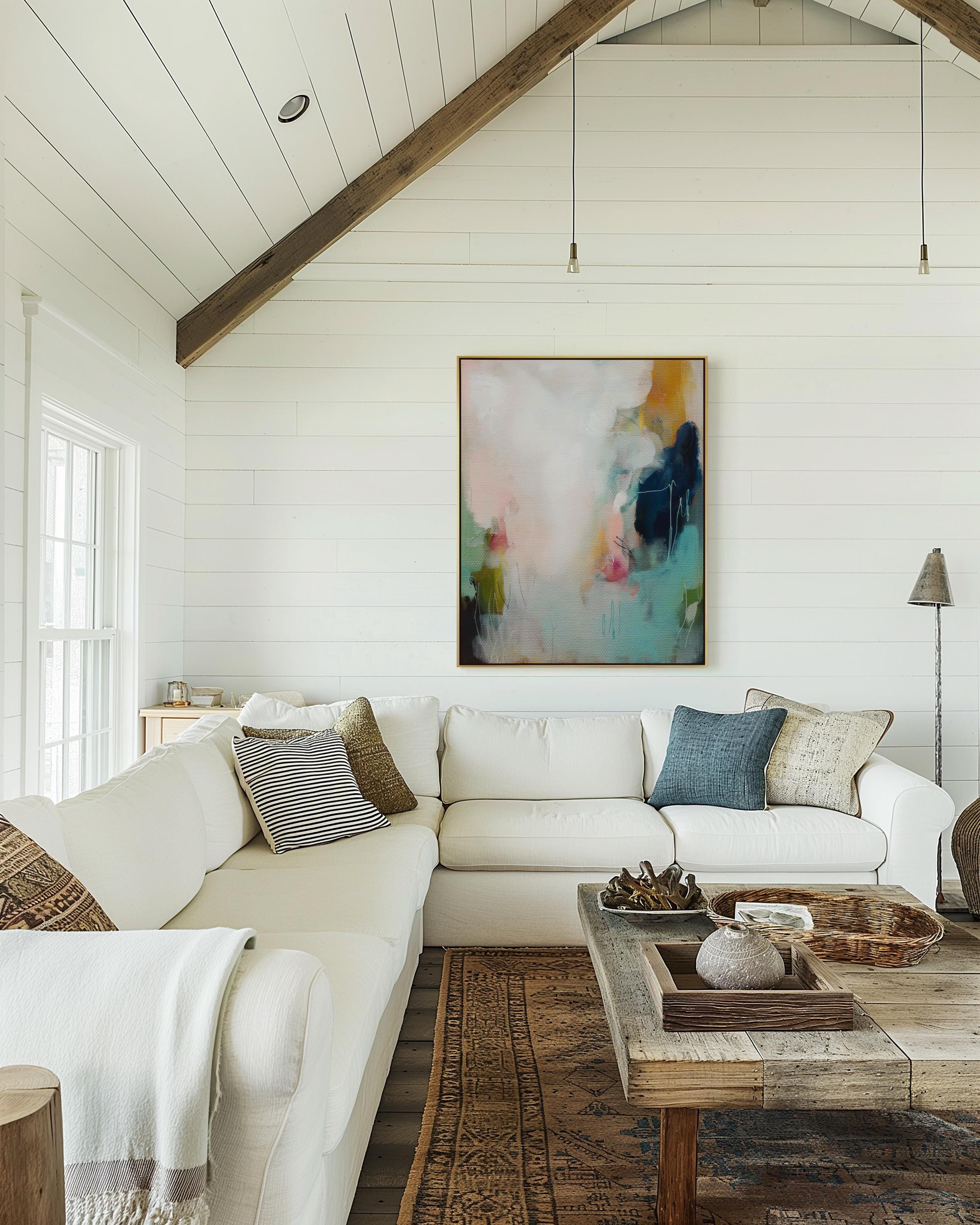 Framed canvas wall art abstract painting in teal blush navy large giclee print color pop soft contemporary decor for living room MUSE 429 Room Staging Colorful abstract wall decor styled in a modern neutral home. Large statement wall art displayed in living room, bedroom, or office spaces. Vibrant canvas or giclée decor art adds bold visual impact to contemporary interiors, ideal for home staging, office design, and curated spaces. Muse Studio Decor Art.
